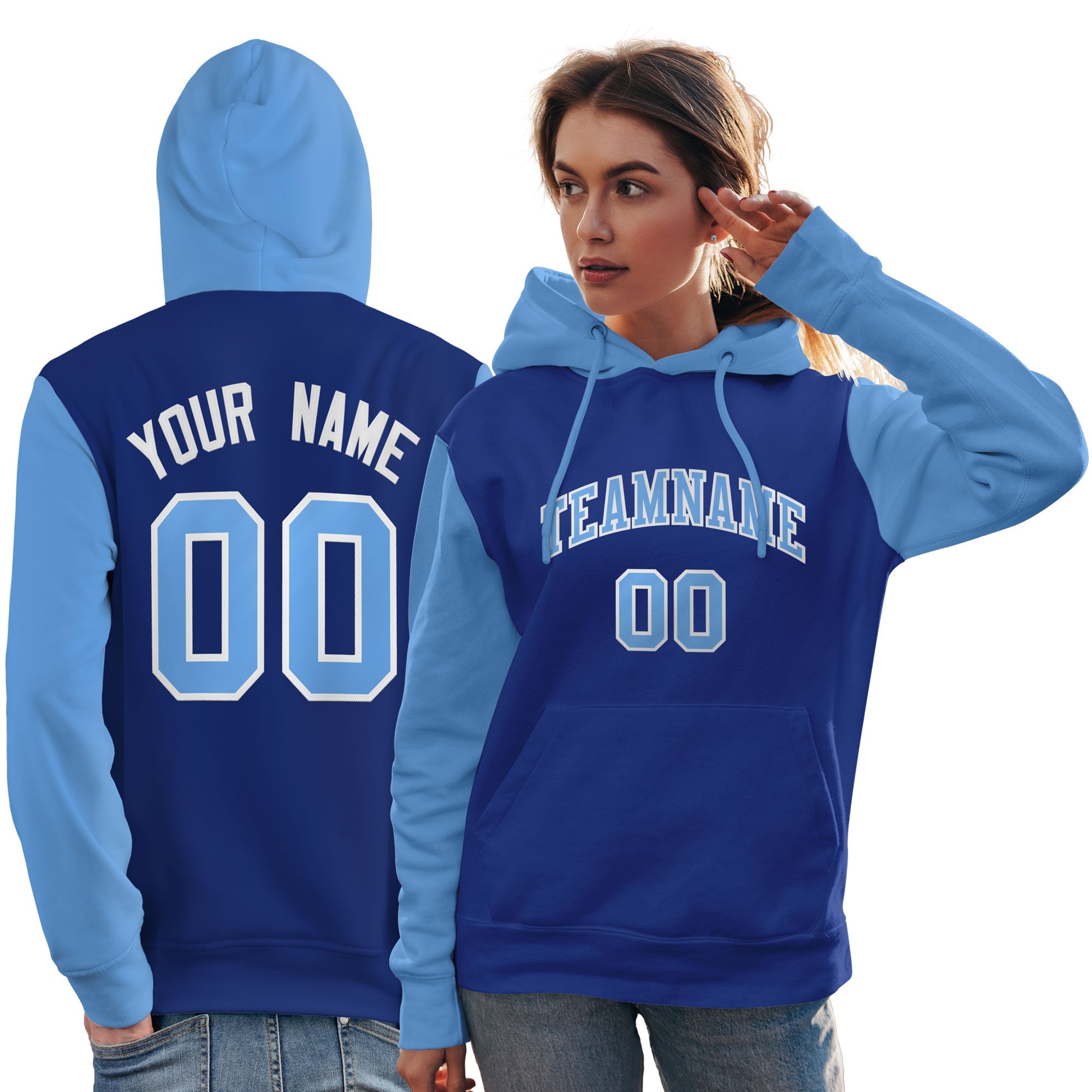 Custom Royal Light Blue-White Raglan Sleeves Pullover Personalized Team Sweatshirt Hoodie