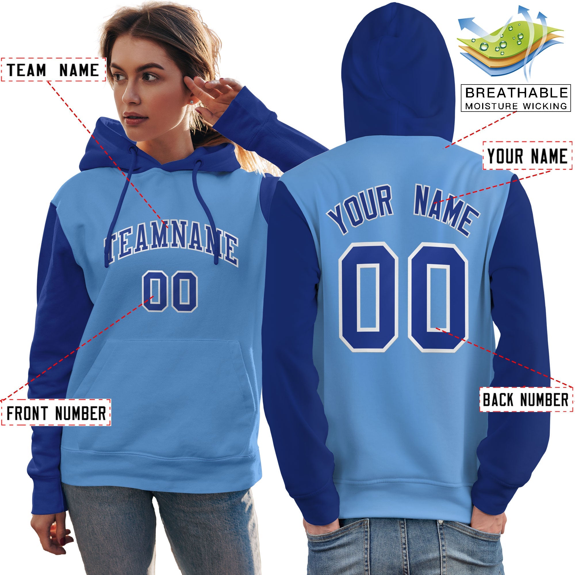 Custom Light Blue Royal-White Raglan Sleeves Pullover Personalized Team Sweatshirt Hoodie