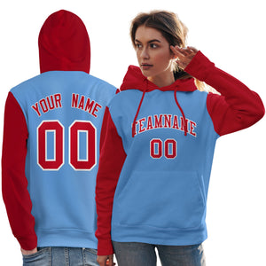 Custom Light Blue Red-White Raglan Sleeves Pullover Personalized Team Sweatshirt Hoodie