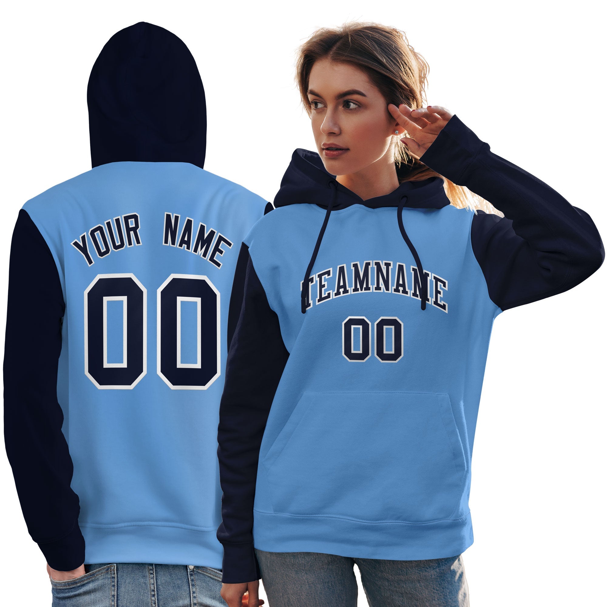 Custom Light Blue Navy-White Raglan Sleeves Pullover Personalized Team Sweatshirt Hoodie