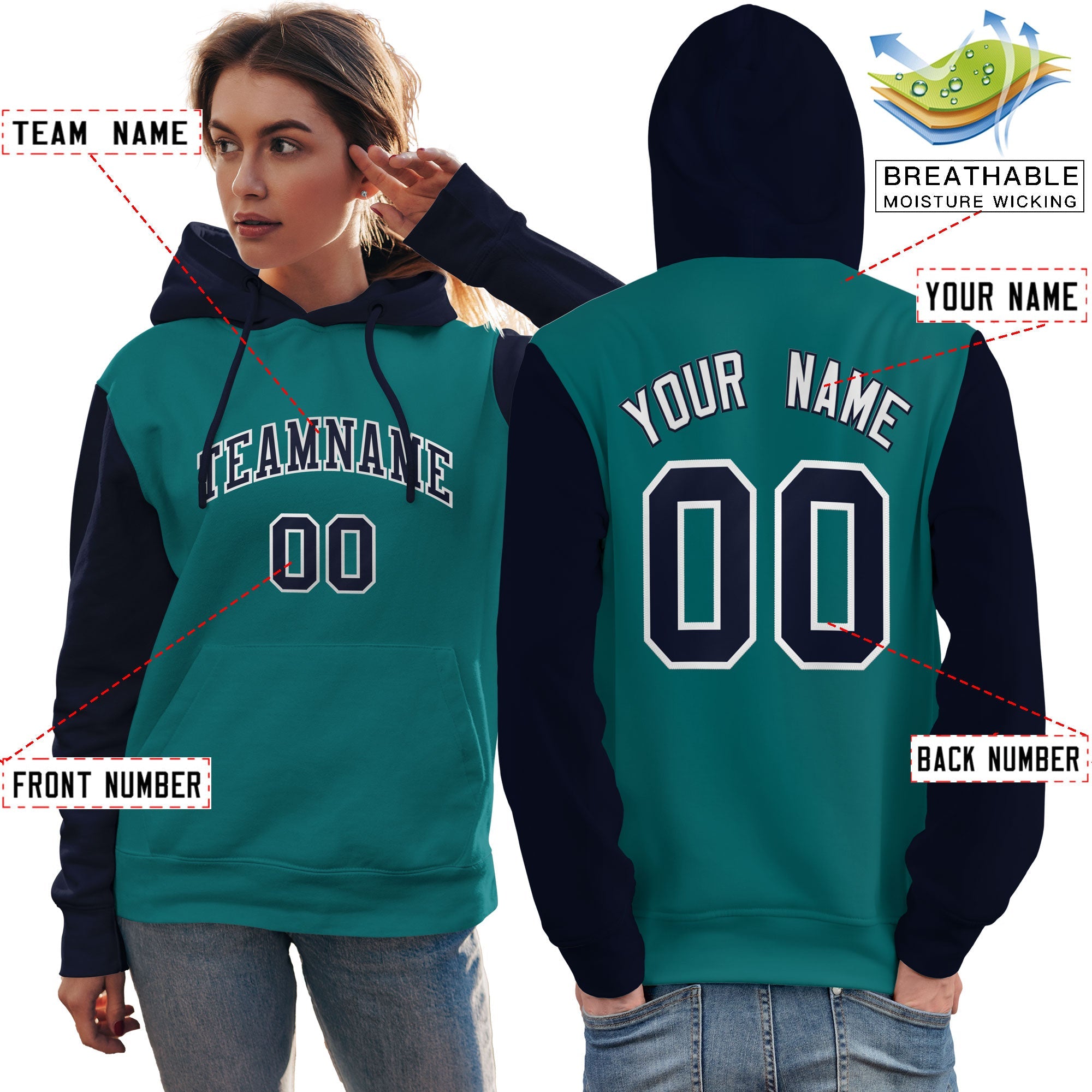 Custom Aqua Navy-White Raglan Sleeves Pullover Personalized Team Sweatshirt Hoodie