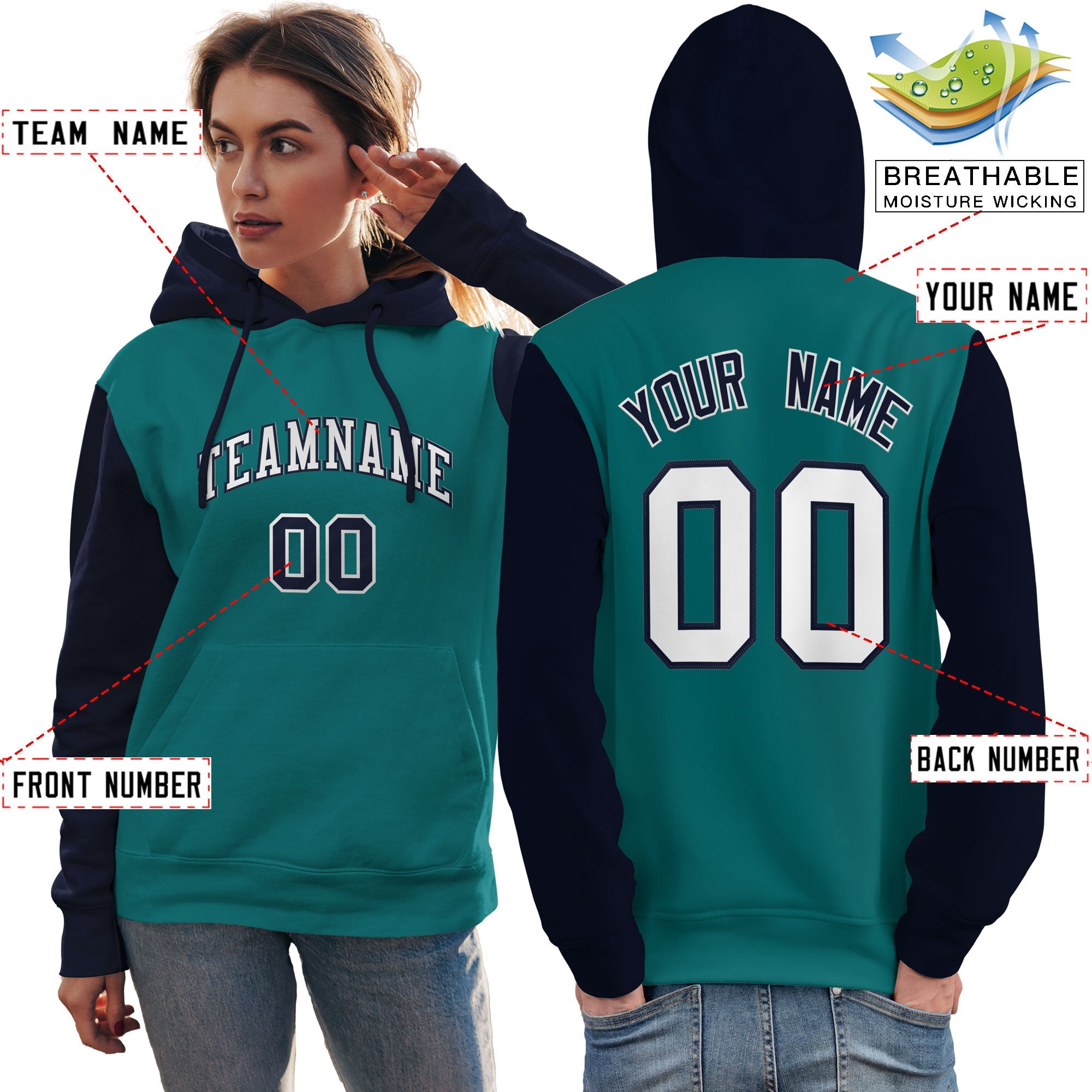 Custom Aqua White-Navy Raglan Sleeves Pullover Personalized Team Sweatshirt Hoodie