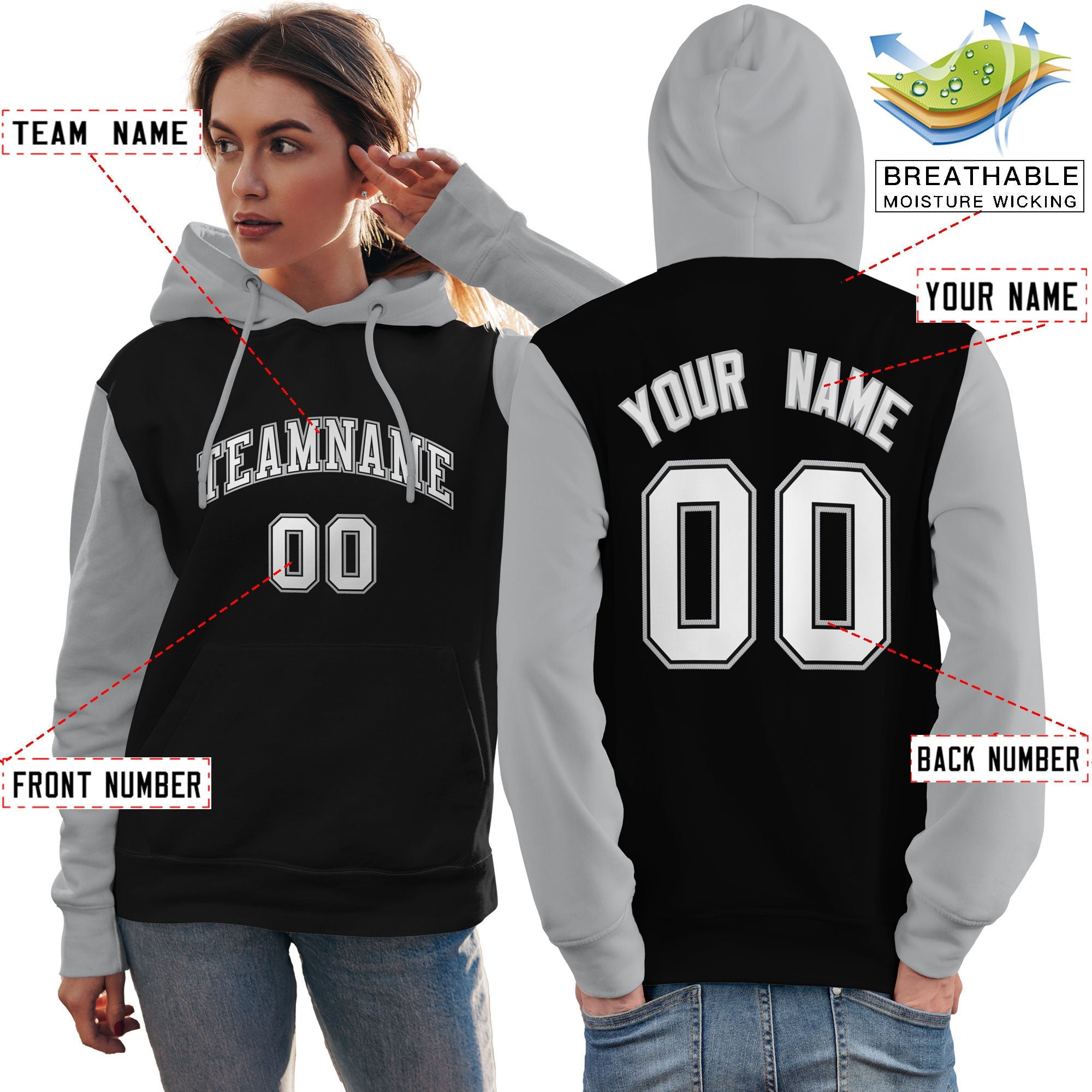 Custom Black White-Gray Raglan Sleeves Pullover Personalized Team Sweatshirt Hoodie