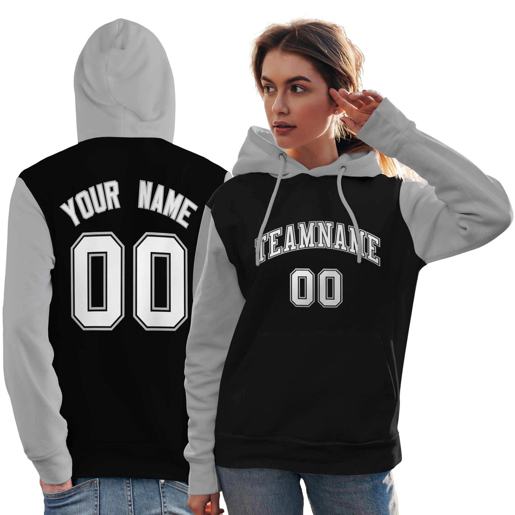 Custom Black White-Gray Raglan Sleeves Pullover Personalized Team Sweatshirt Hoodie