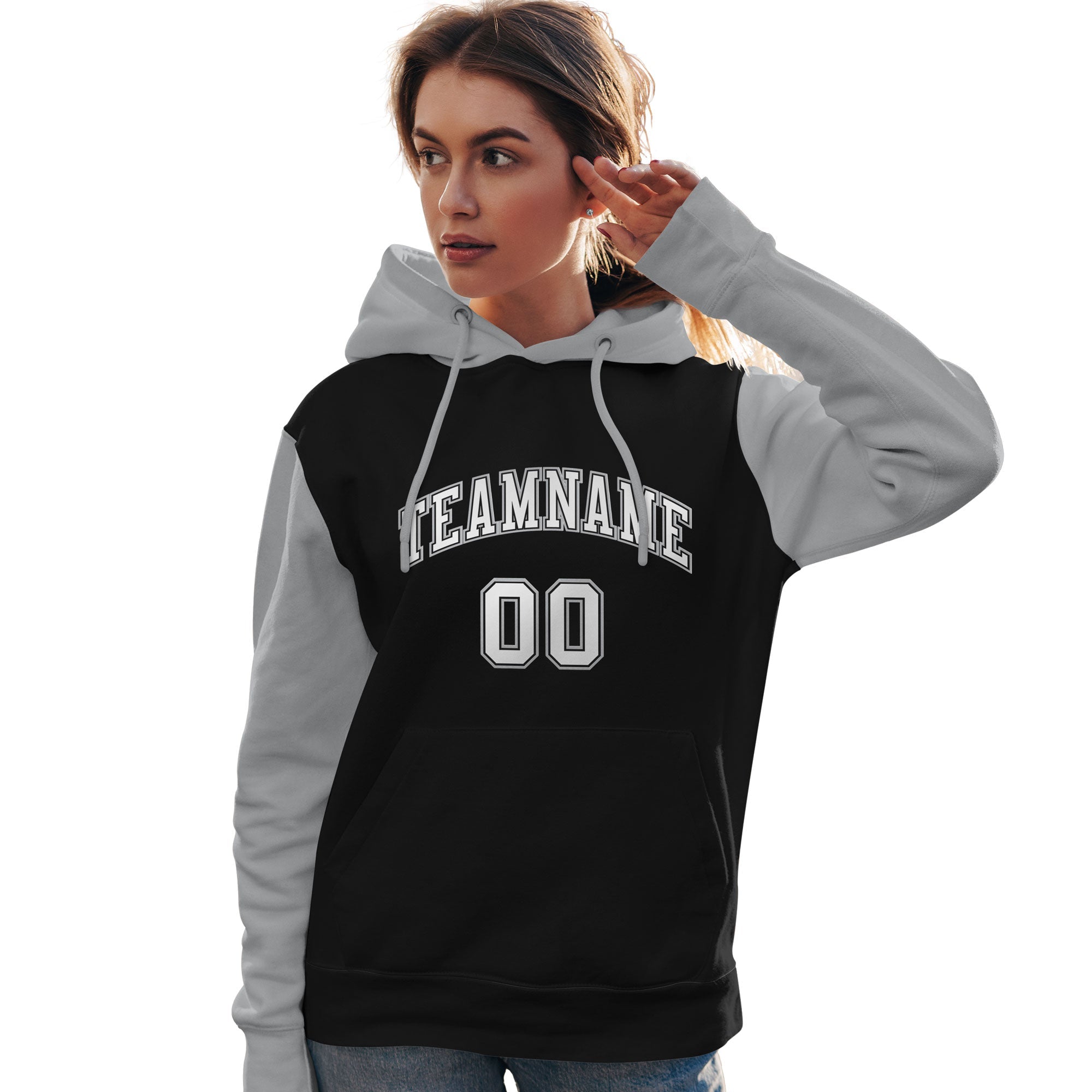 Custom Black White-Gray Raglan Sleeves Pullover Personalized Team Sweatshirt Hoodie