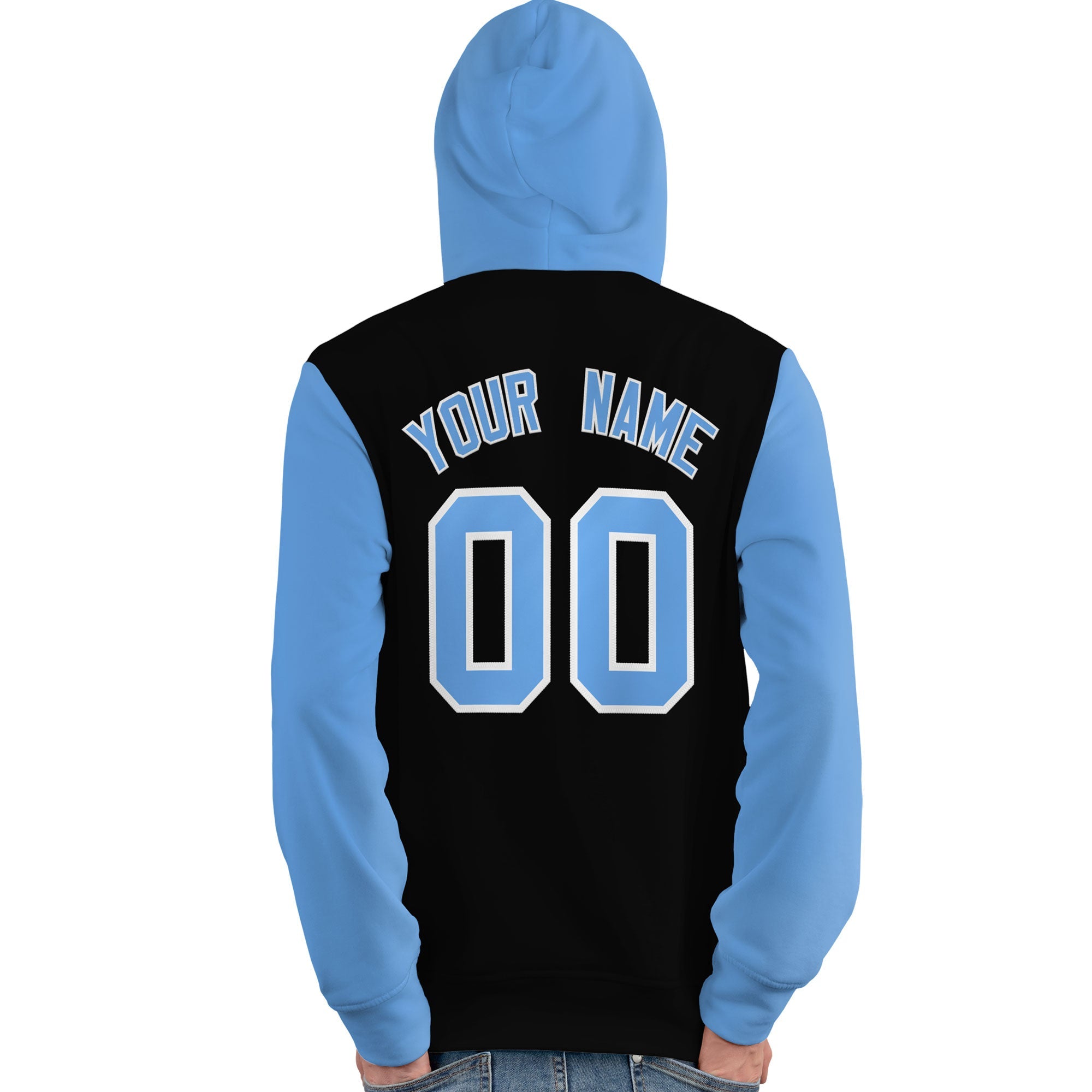 Custom Black Light Blue-White Raglan Sleeves Pullover Personalized Team Sweatshirt Hoodie