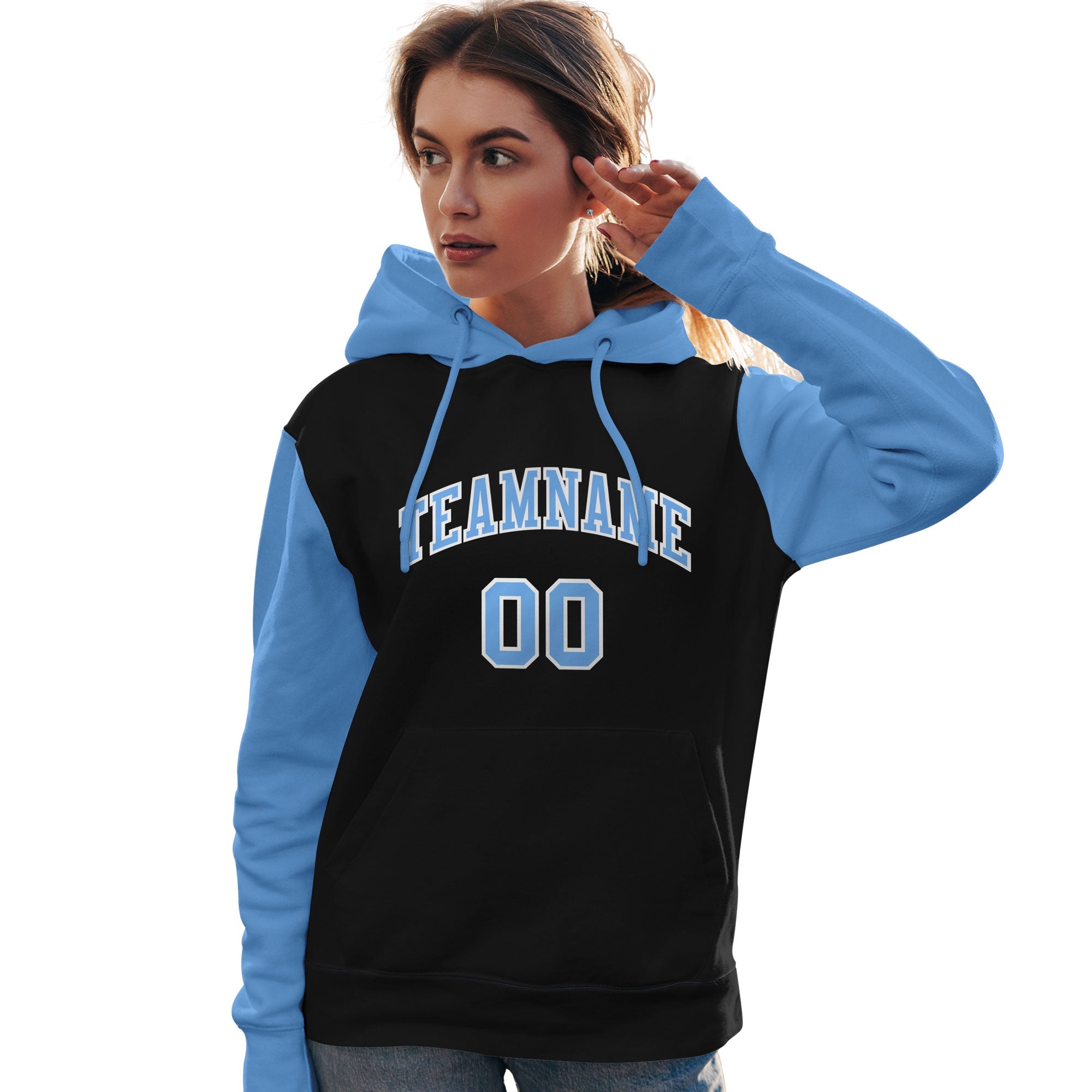 Custom Black Light Blue-White Raglan Sleeves Pullover Personalized Team Sweatshirt Hoodie