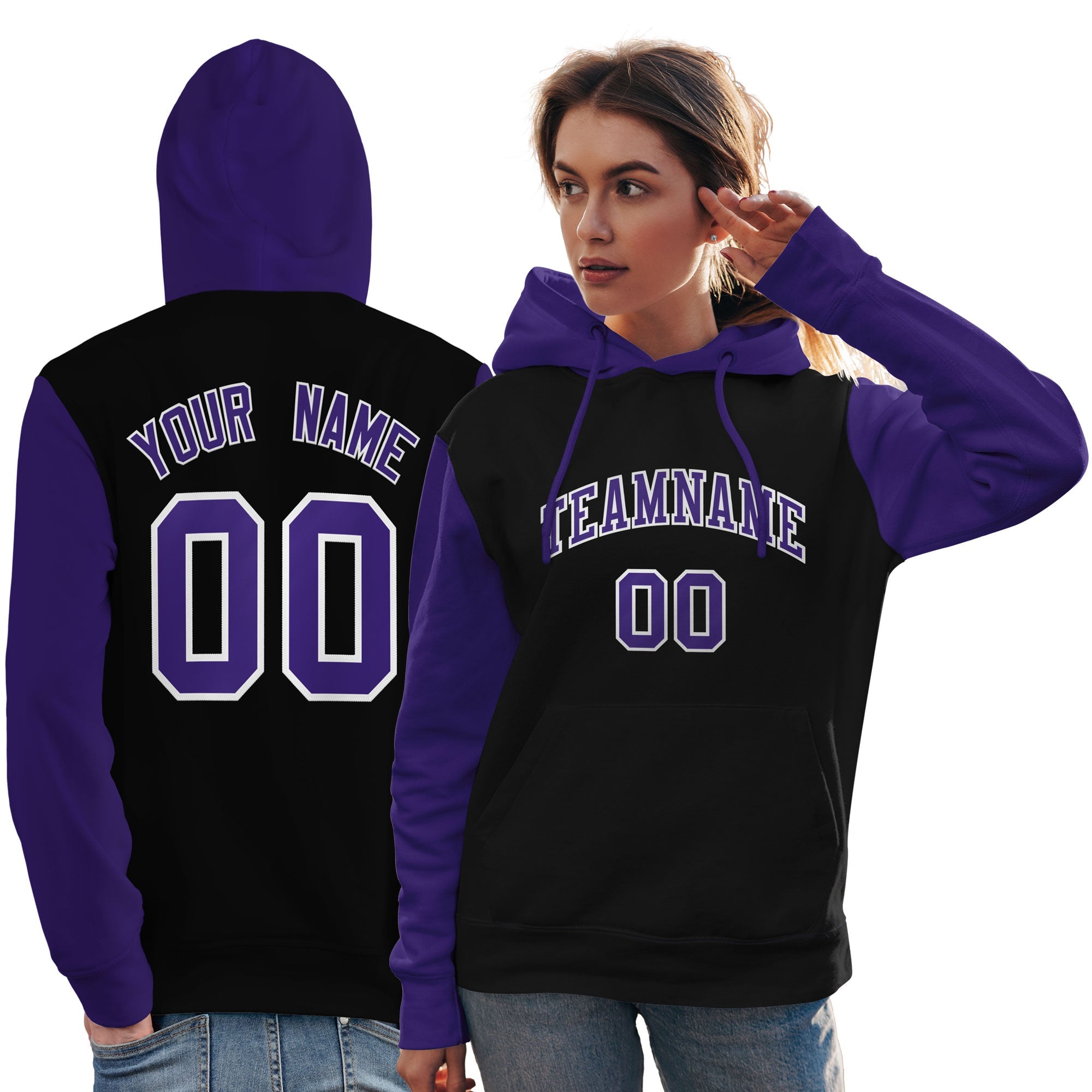 Custom Black Purple-White Raglan Sleeves Pullover Personalized Team Sweatshirt Hoodie