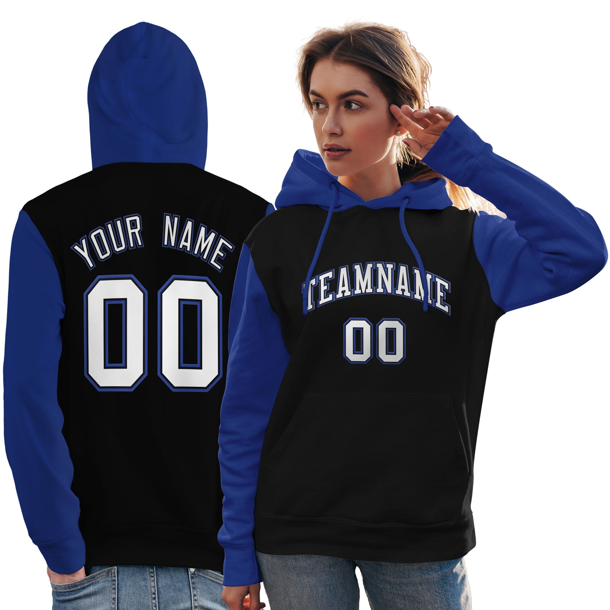 Custom Black White-Royal Raglan Sleeves Pullover Personalized Team Sweatshirt Hoodie