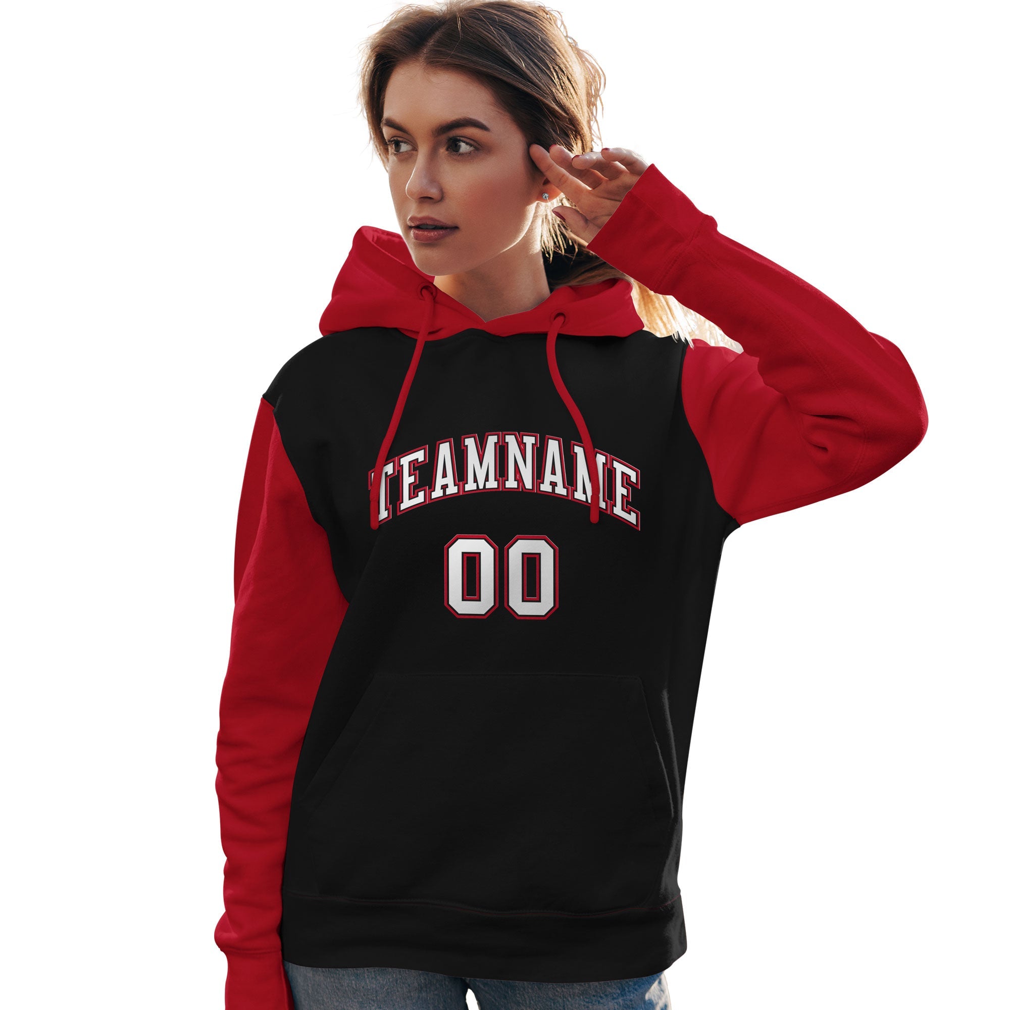 Custom Black White-Red Raglan Sleeves Pullover Personalized Team Sweatshirt Hoodie