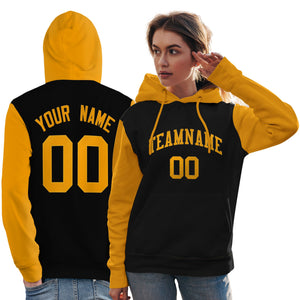 Custom Black Gold Raglan Sleeves Pullover Personalized Team Sweatshirt Hoodie