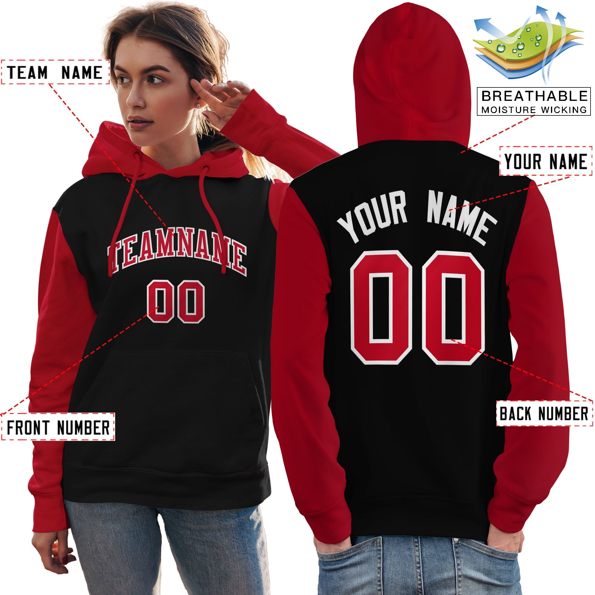 Custom Black Red-White Raglan Sleeves Pullover Personalized Team Sweatshirt Hoodie