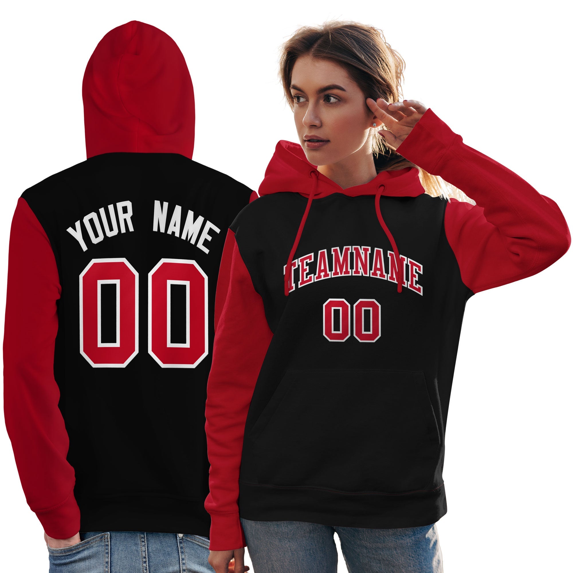 Custom Black Red-White Raglan Sleeves Pullover Personalized Team Sweatshirt Hoodie