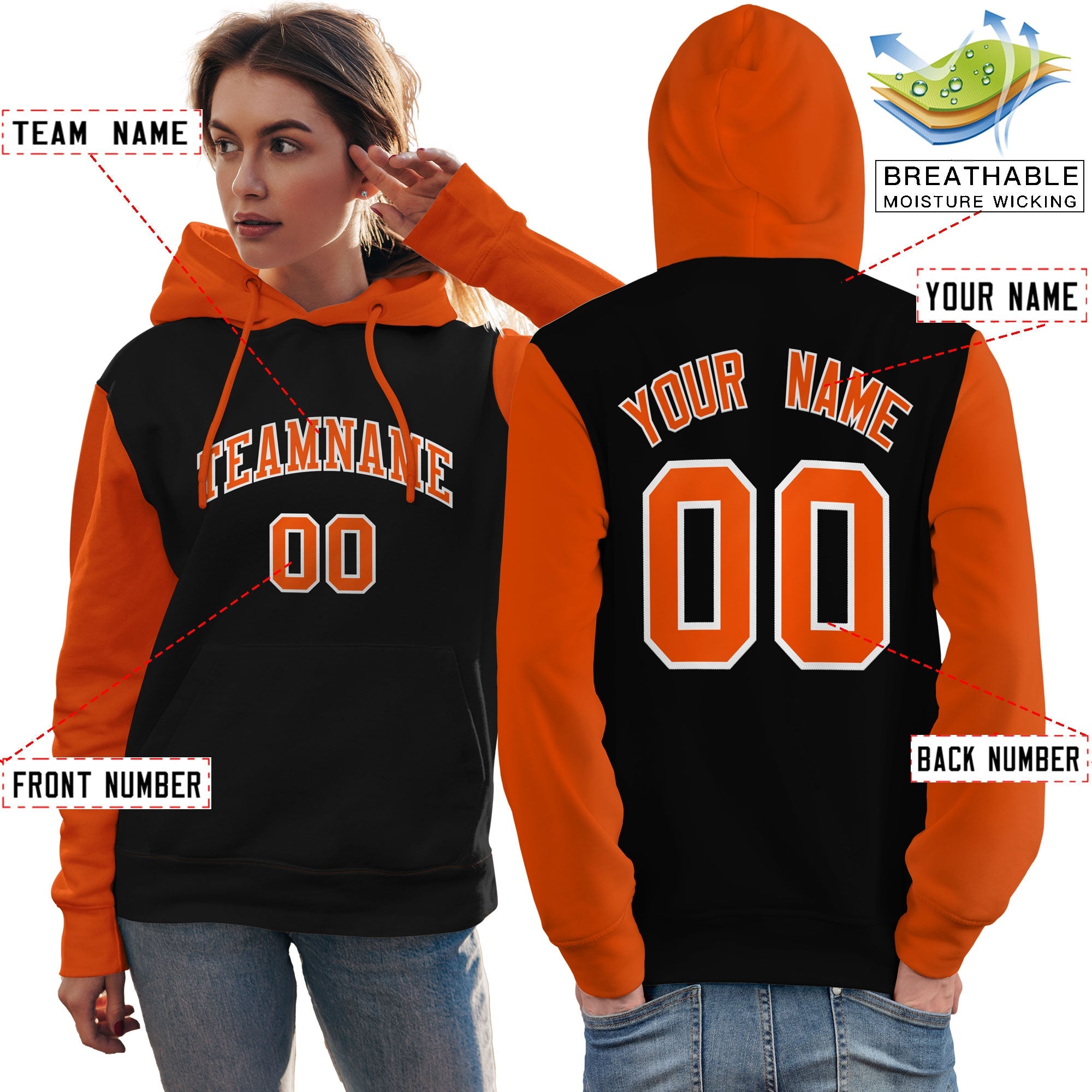 Custom Black Orange-White Raglan Sleeves Pullover Personalized Team Sweatshirt Hoodie