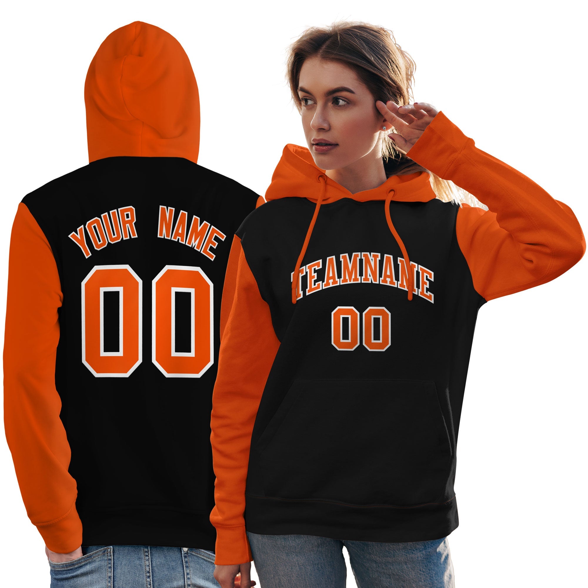 Custom Black Orange-White Raglan Sleeves Pullover Personalized Team Sweatshirt Hoodie