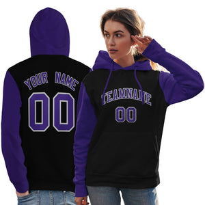 Custom Black Purple-Gray Raglan Sleeves Pullover Personalized Team Sweatshirt Hoodie