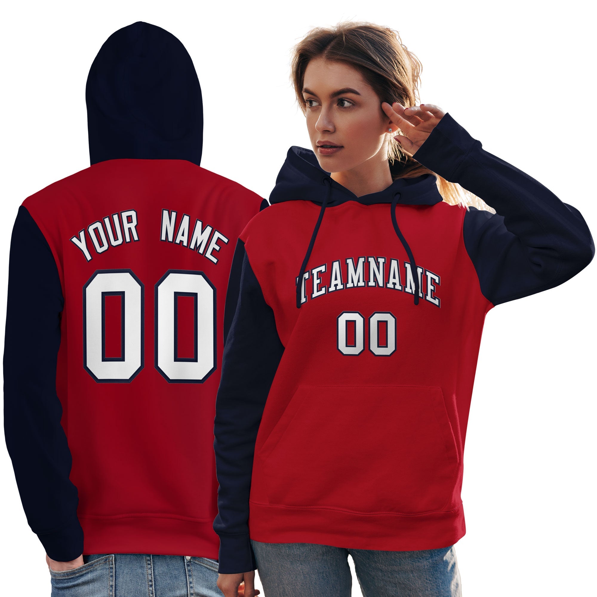 Custom Red White-Navy Raglan Sleeves Pullover Personalized Team Sweatshirt Hoodie