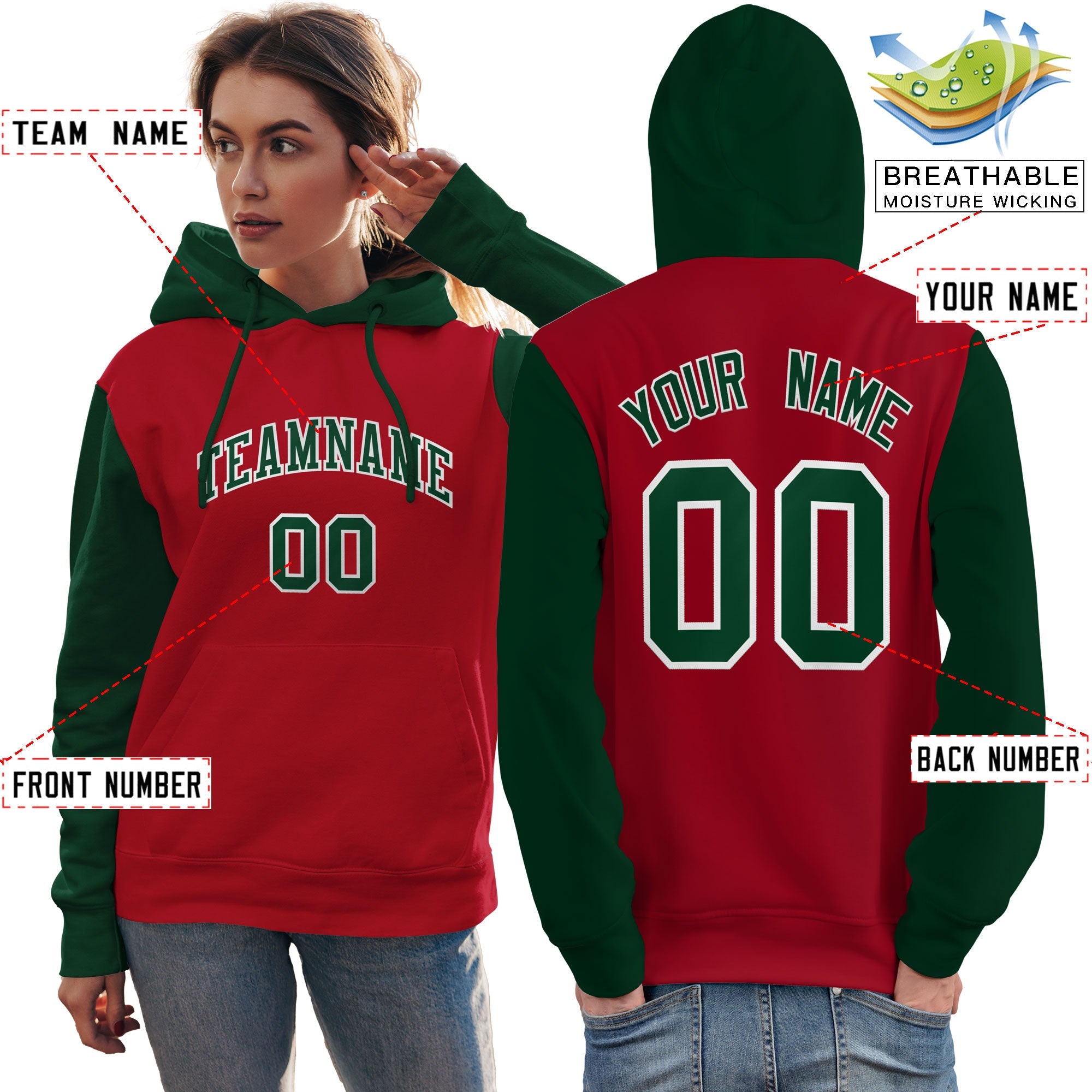 Custom Red Green-White Raglan Sleeves Pullover Personalized Team Sweatshirt Hoodie