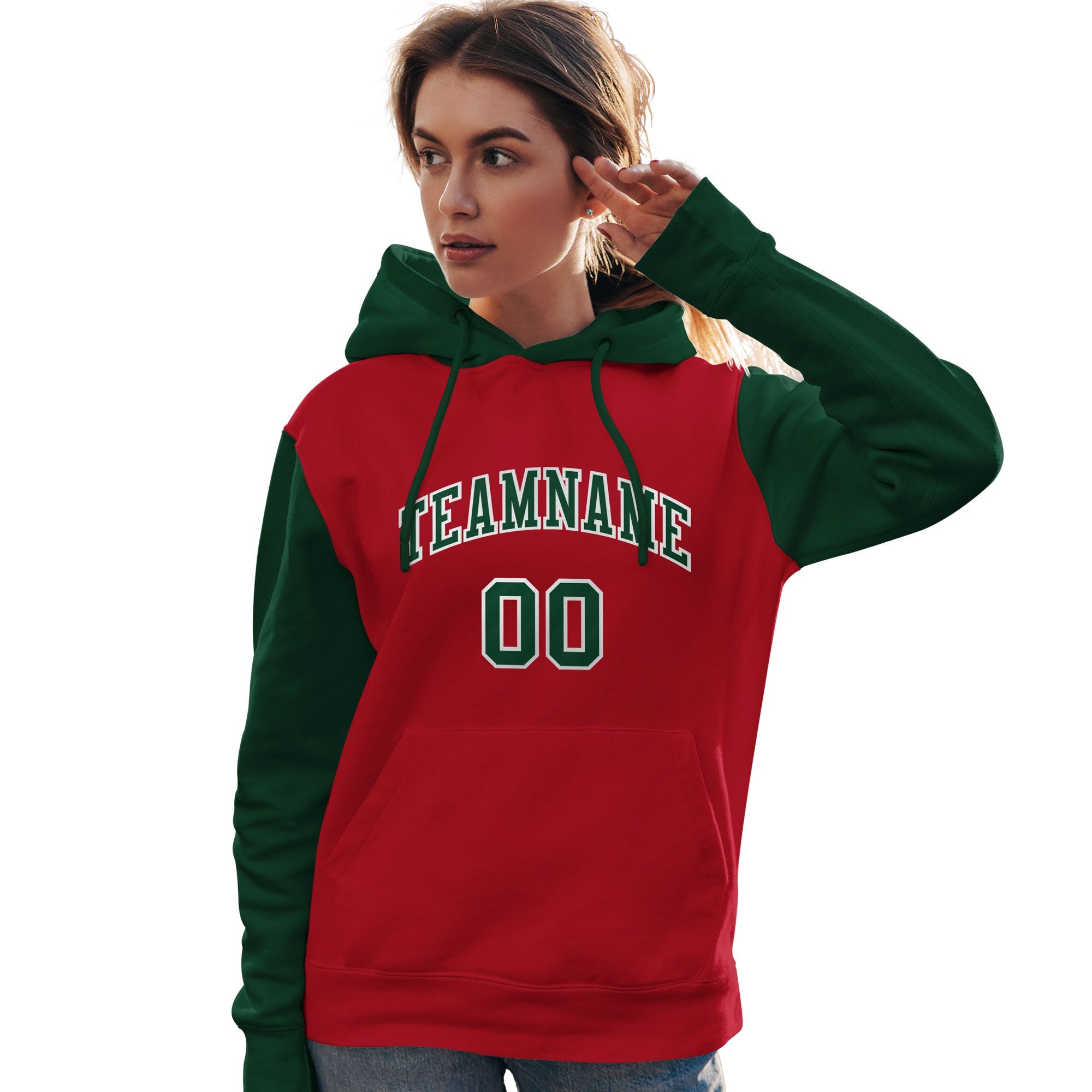 Custom Red Green-White Raglan Sleeves Pullover Personalized Team Sweatshirt Hoodie