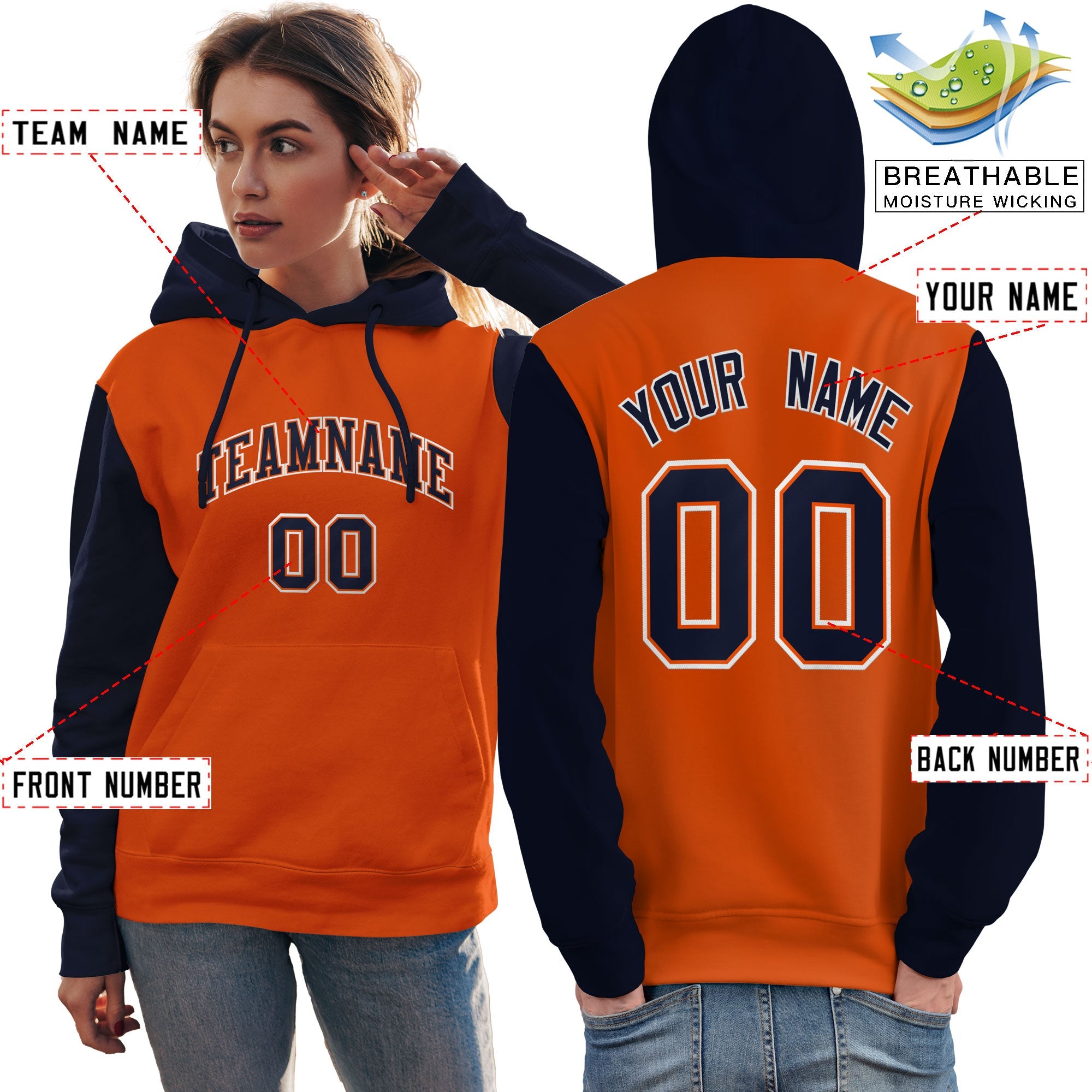 Custom Orange Navy-White Raglan Sleeves Pullover Personalized Team Sweatshirt Hoodie