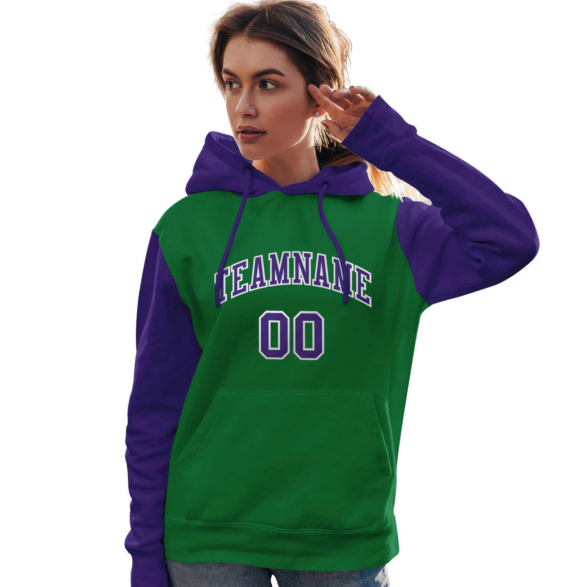 Custom Kelly Green Purple-White Raglan Sleeves Pullover Personalized Team Sweatshirt Hoodie