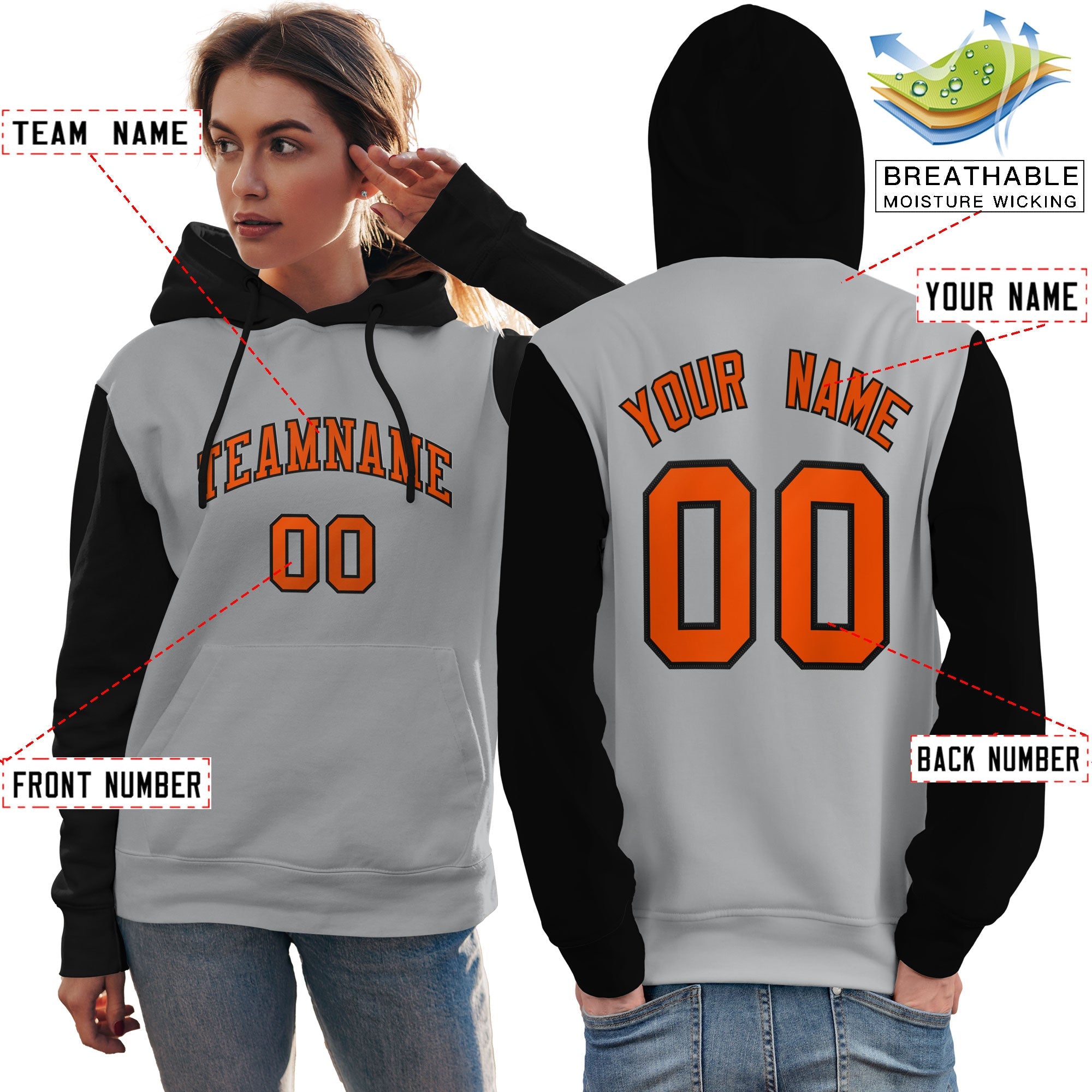 Custom Gray Orange-Black Raglan Sleeves Pullover Personalized Team Sweatshirt Hoodie