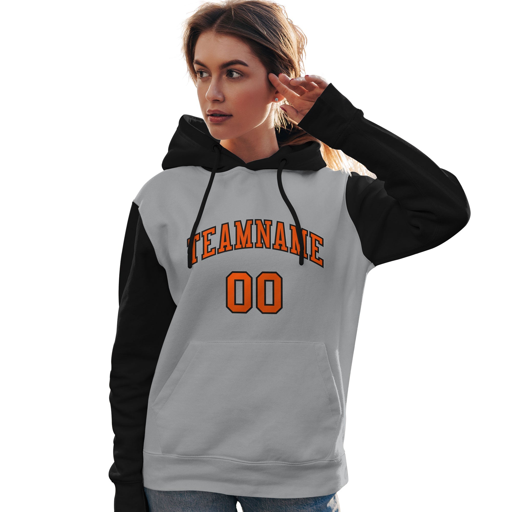 Custom Gray Orange-Black Raglan Sleeves Pullover Personalized Team Sweatshirt Hoodie