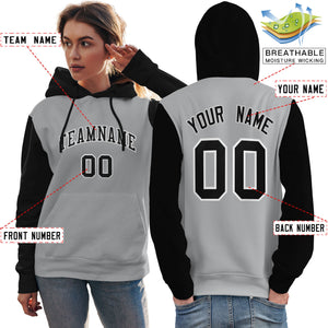 Custom Gray Black-White Raglan Sleeves Pullover Personalized Team Sweatshirt Hoodie