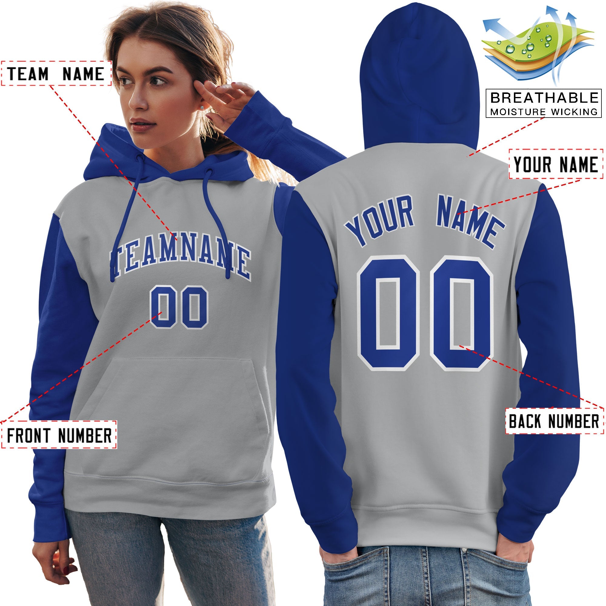 Custom Gray Royal-White Raglan Sleeves Pullover Personalized Team Sweatshirt Hoodie