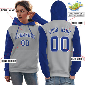 Custom Gray Royal-White Raglan Sleeves Pullover Personalized Team Sweatshirt Hoodie