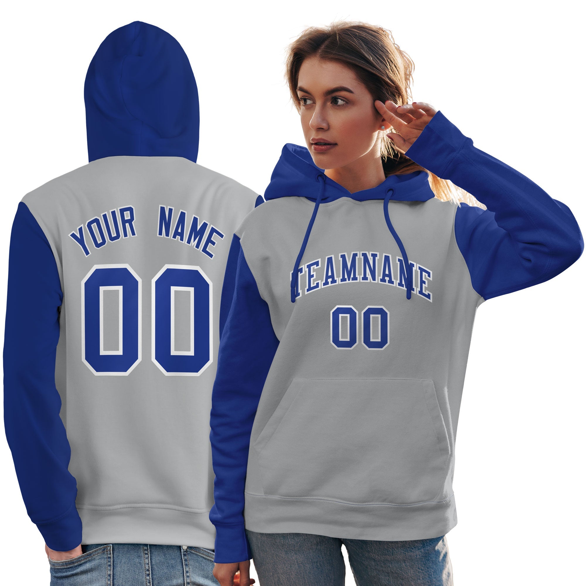 Custom Gray Royal-White Raglan Sleeves Pullover Personalized Team Sweatshirt Hoodie