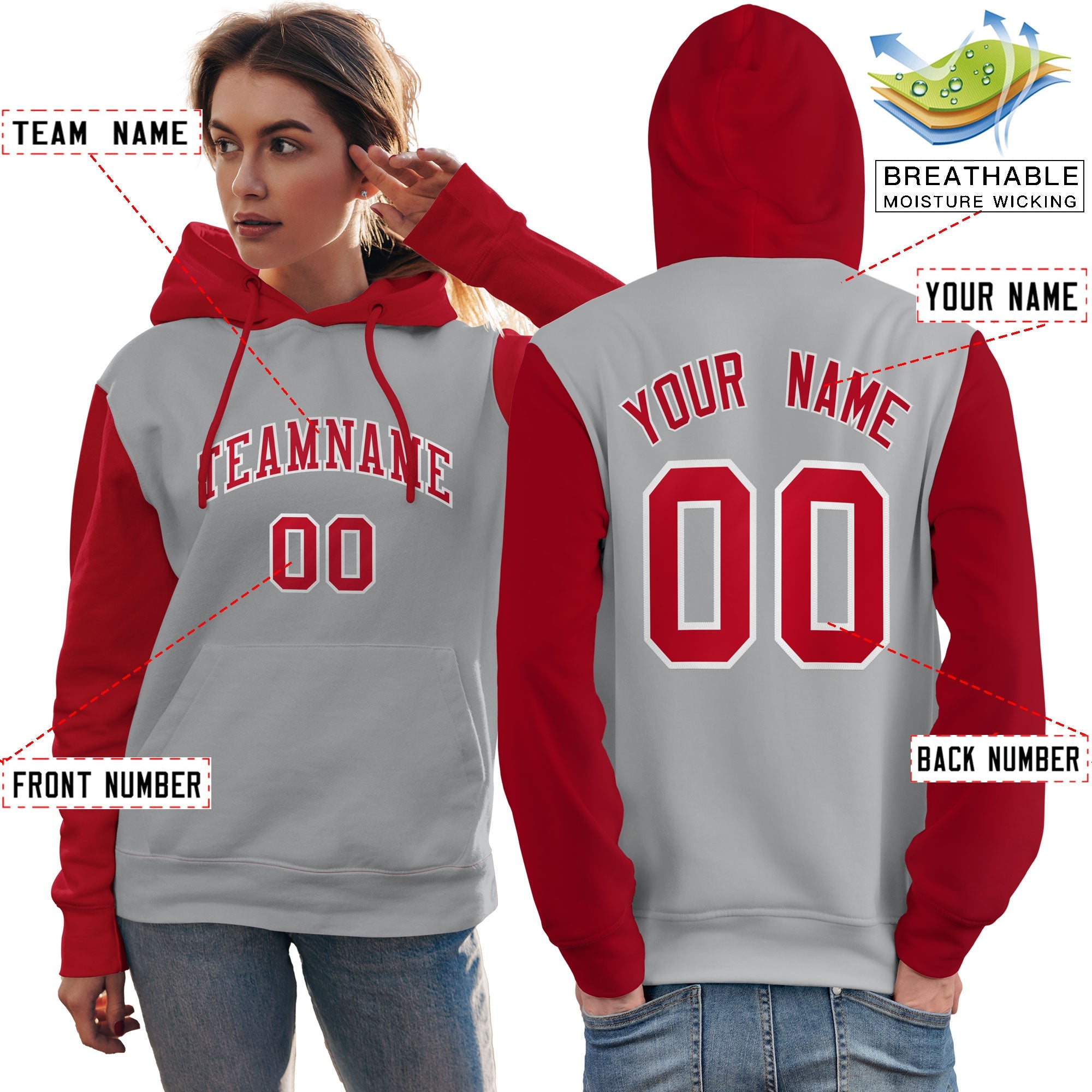 Custom Gray Red-White Raglan Sleeves Pullover Personalized Team Sweatshirt Hoodie