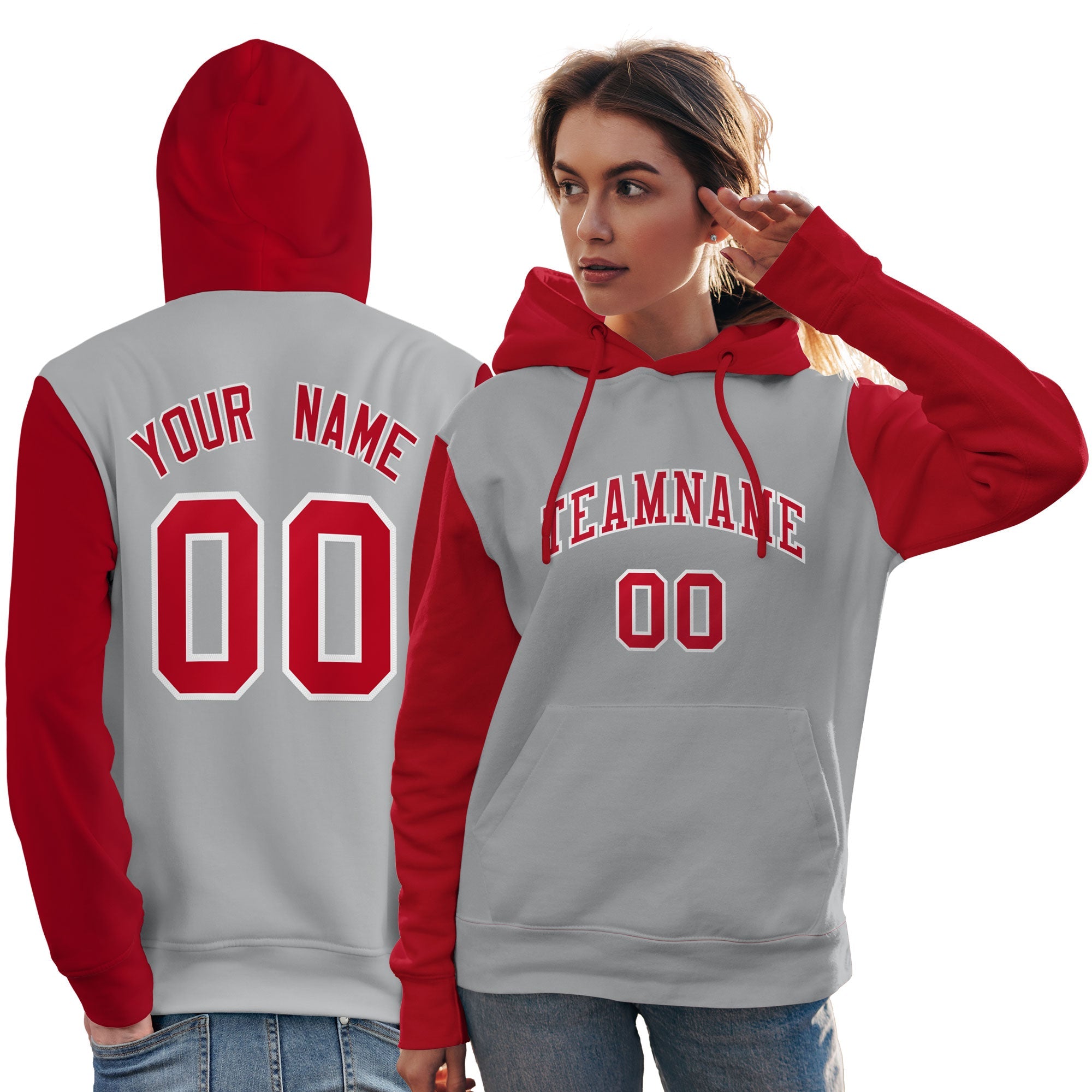 Custom Gray Red-White Raglan Sleeves Pullover Personalized Team Sweatshirt Hoodie