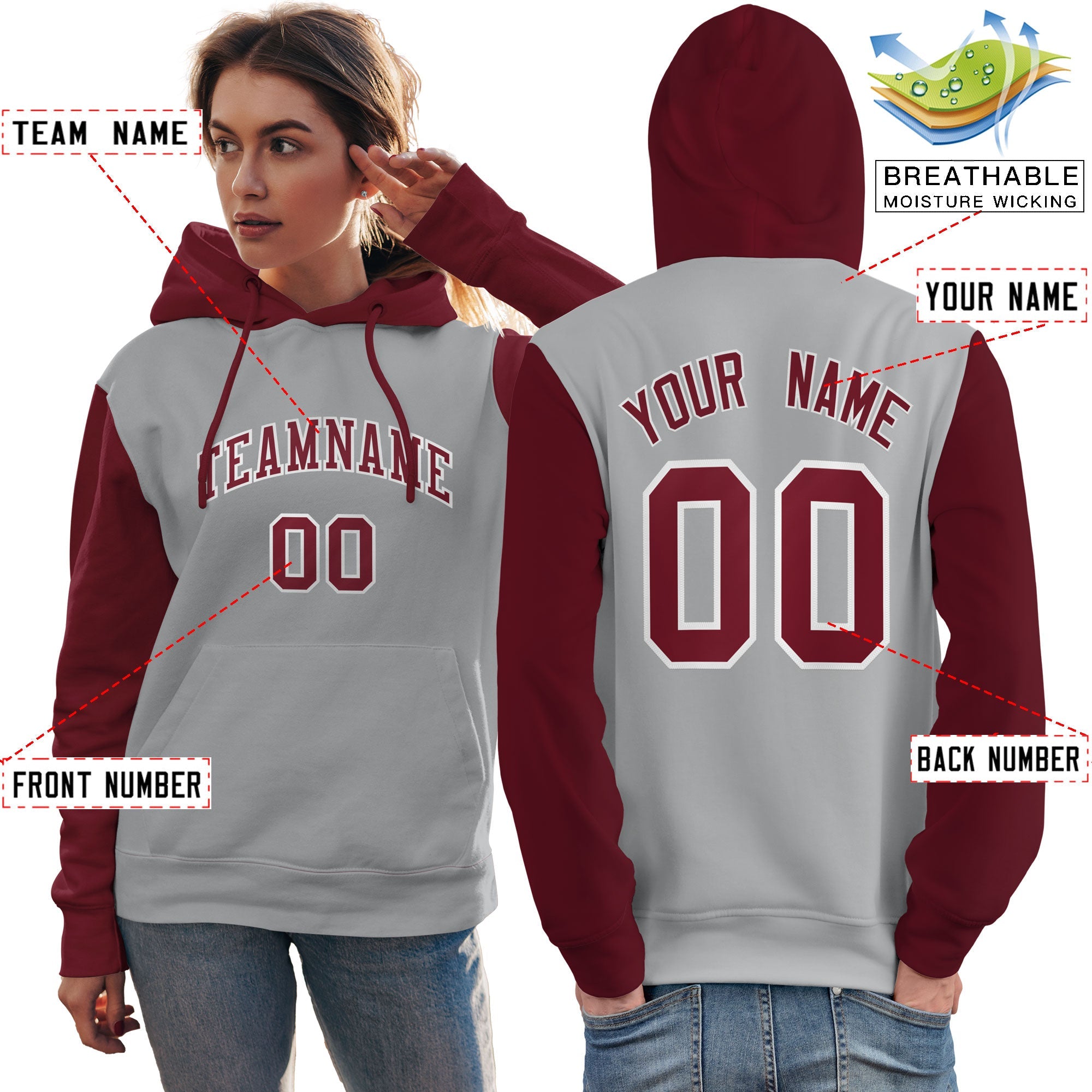 Custom Gray Crimson-White Raglan Sleeves Pullover Personalized Team Sweatshirt Hoodie