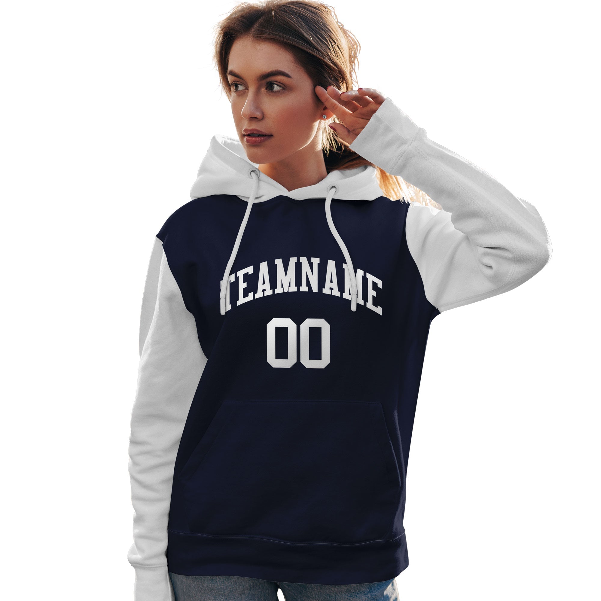 Custom Navy White Raglan Sleeves Pullover Personalized Team Sweatshirt Hoodie