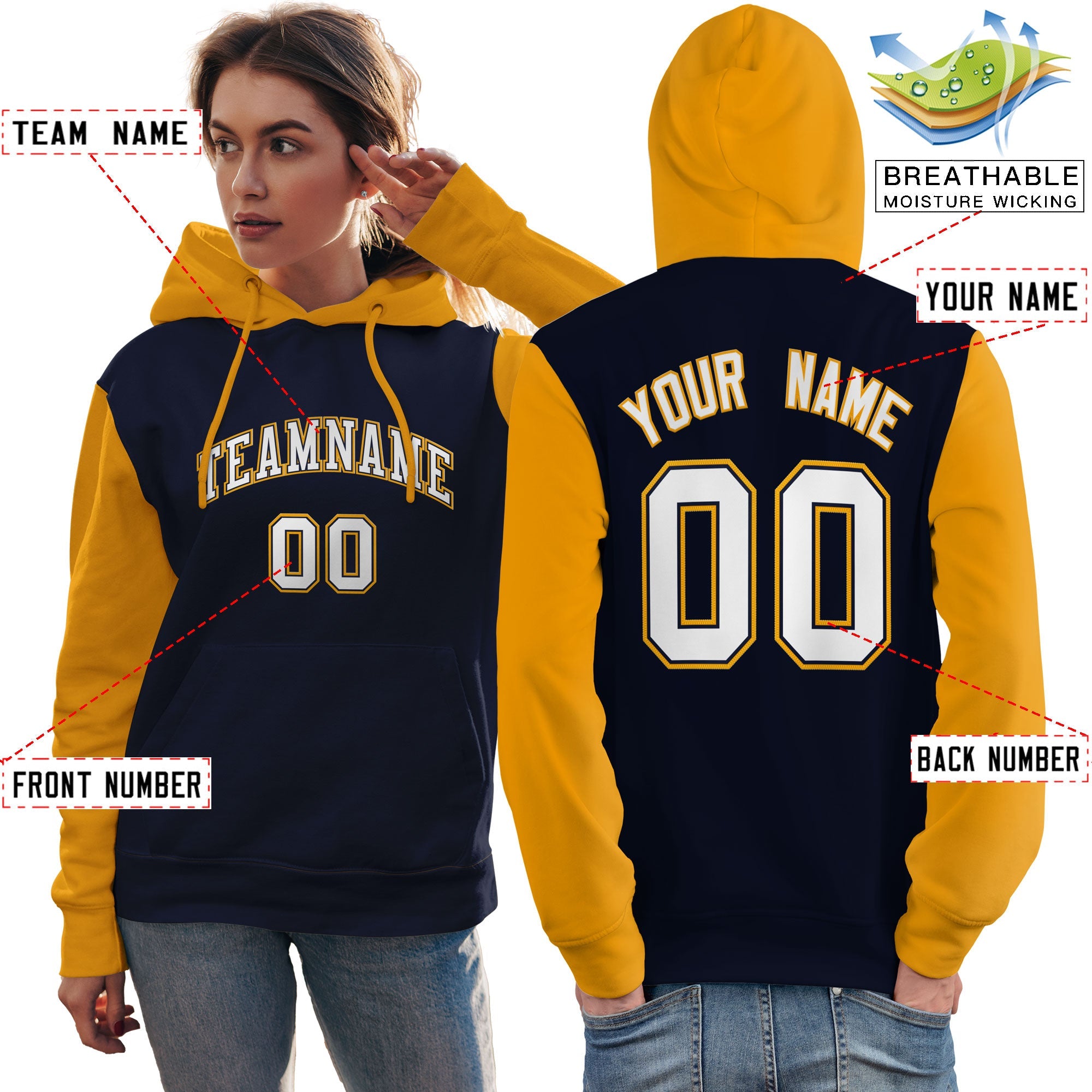 Custom Navy White-Gold Raglan Sleeves Pullover Personalized Team Sweatshirt Hoodie