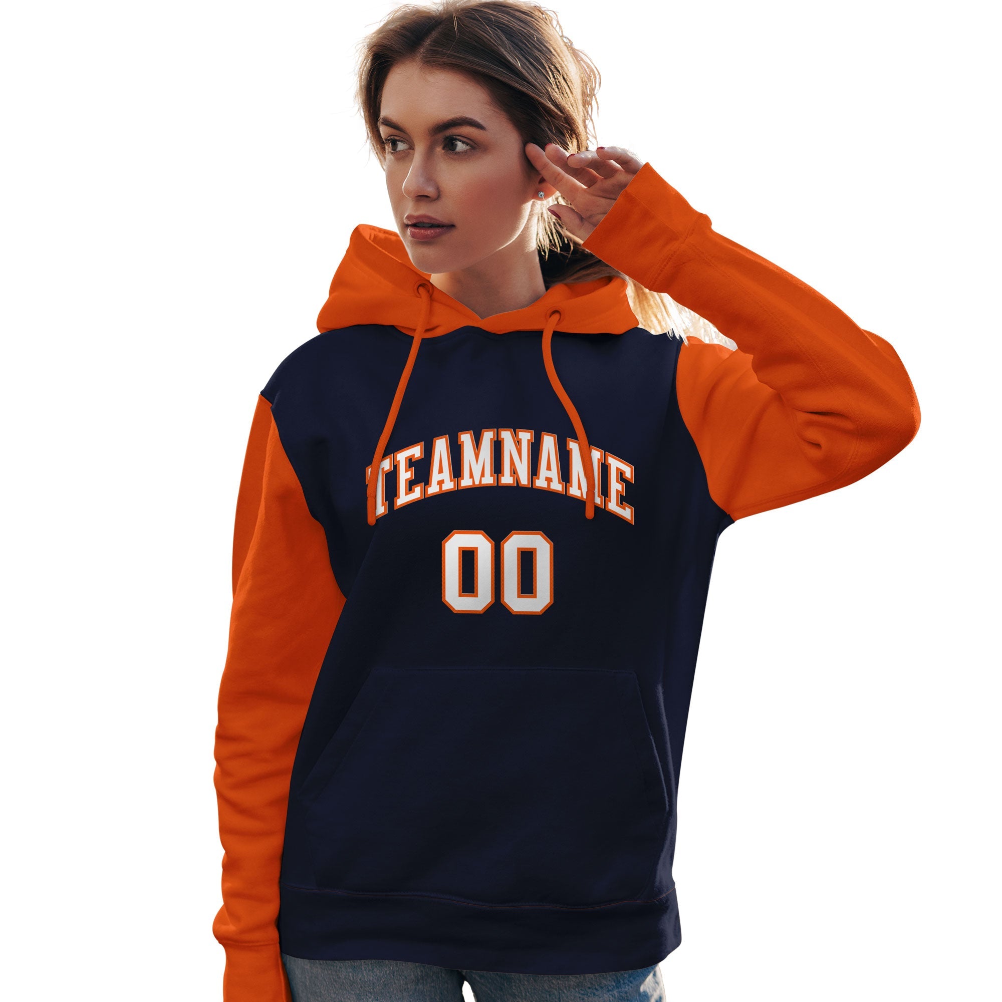 Custom Navy White-Orange Raglan Sleeves Pullover Personalized Team Sweatshirt Hoodie