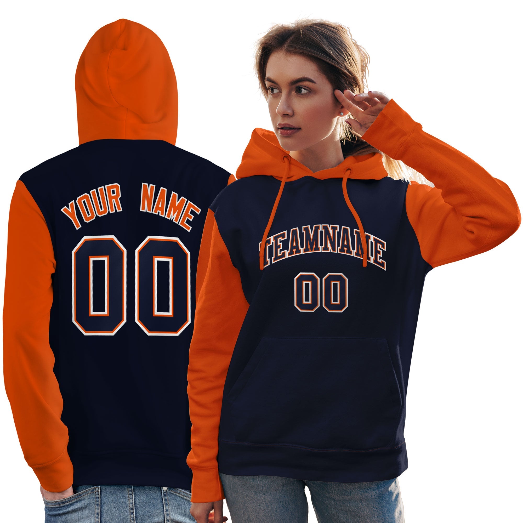 Custom Navy Orange-White Raglan Sleeves Pullover Personalized Team Sweatshirt Hoodie