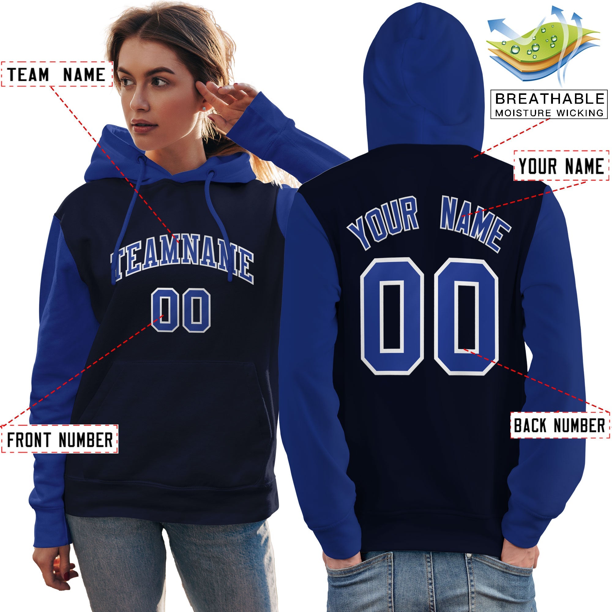 Custom Navy Royal-White Raglan Sleeves Pullover Personalized Team Sweatshirt Hoodie