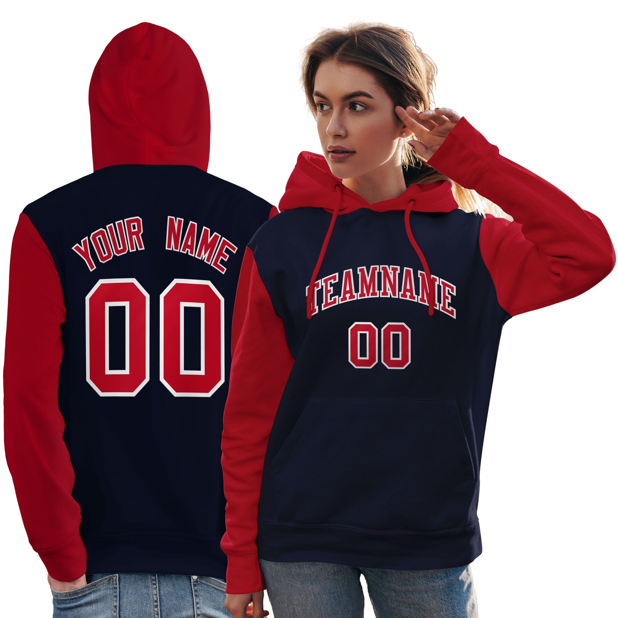 Custom Navy Red-White Raglan Sleeves Pullover Personalized Team Sweatshirt Hoodie