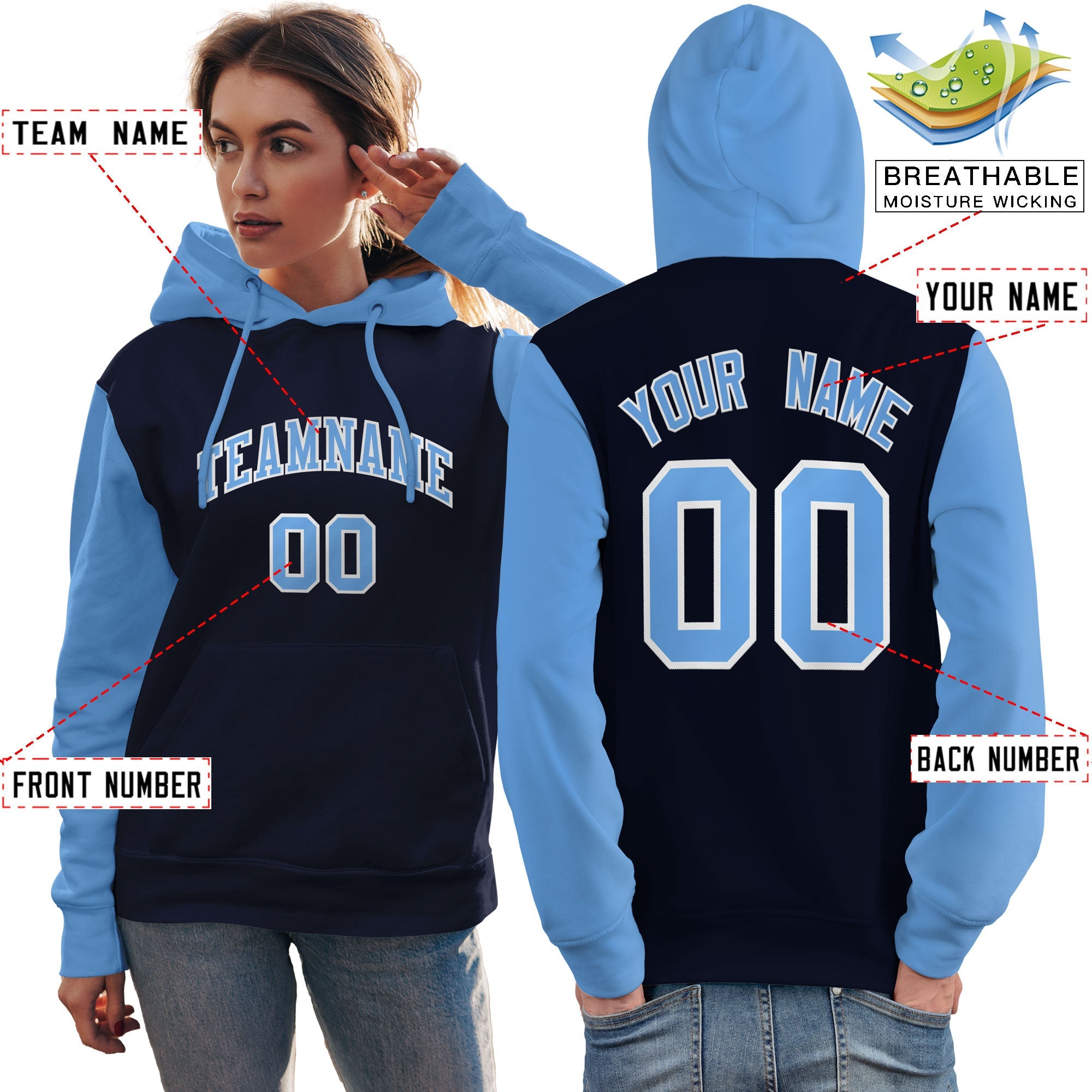 Custom Navy Light Blue-White Raglan Sleeves Pullover Personalized Team Sweatshirt Hoodie