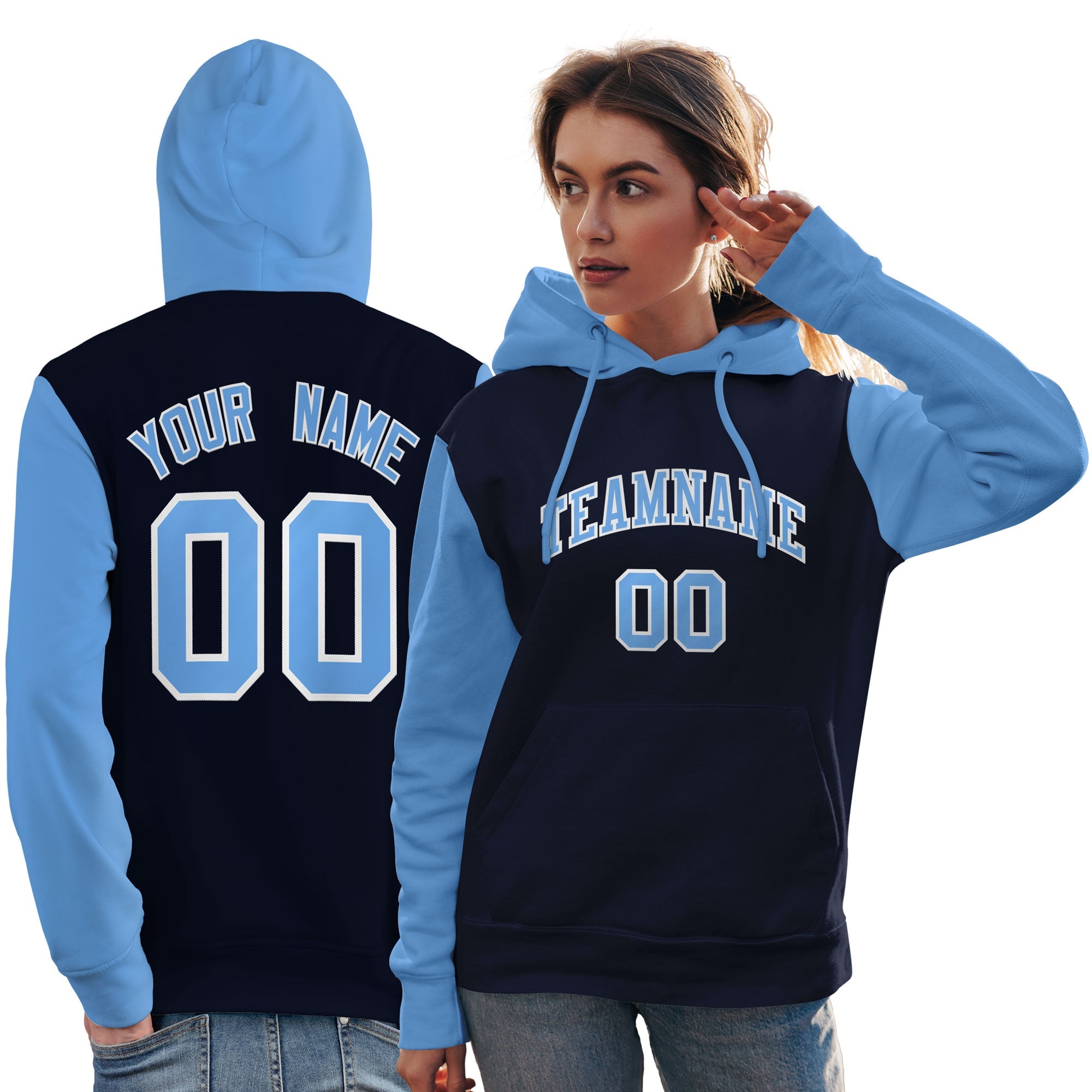 Custom Navy Light Blue-White Raglan Sleeves Pullover Personalized Team Sweatshirt Hoodie