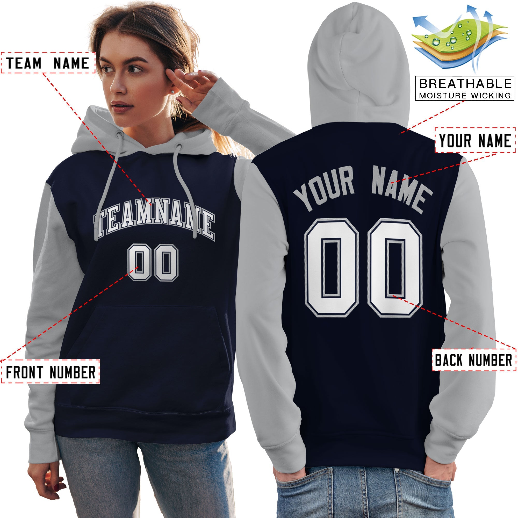 Custom Navy White-Gray Raglan Sleeves Pullover Personalized Team Sweatshirt Hoodie