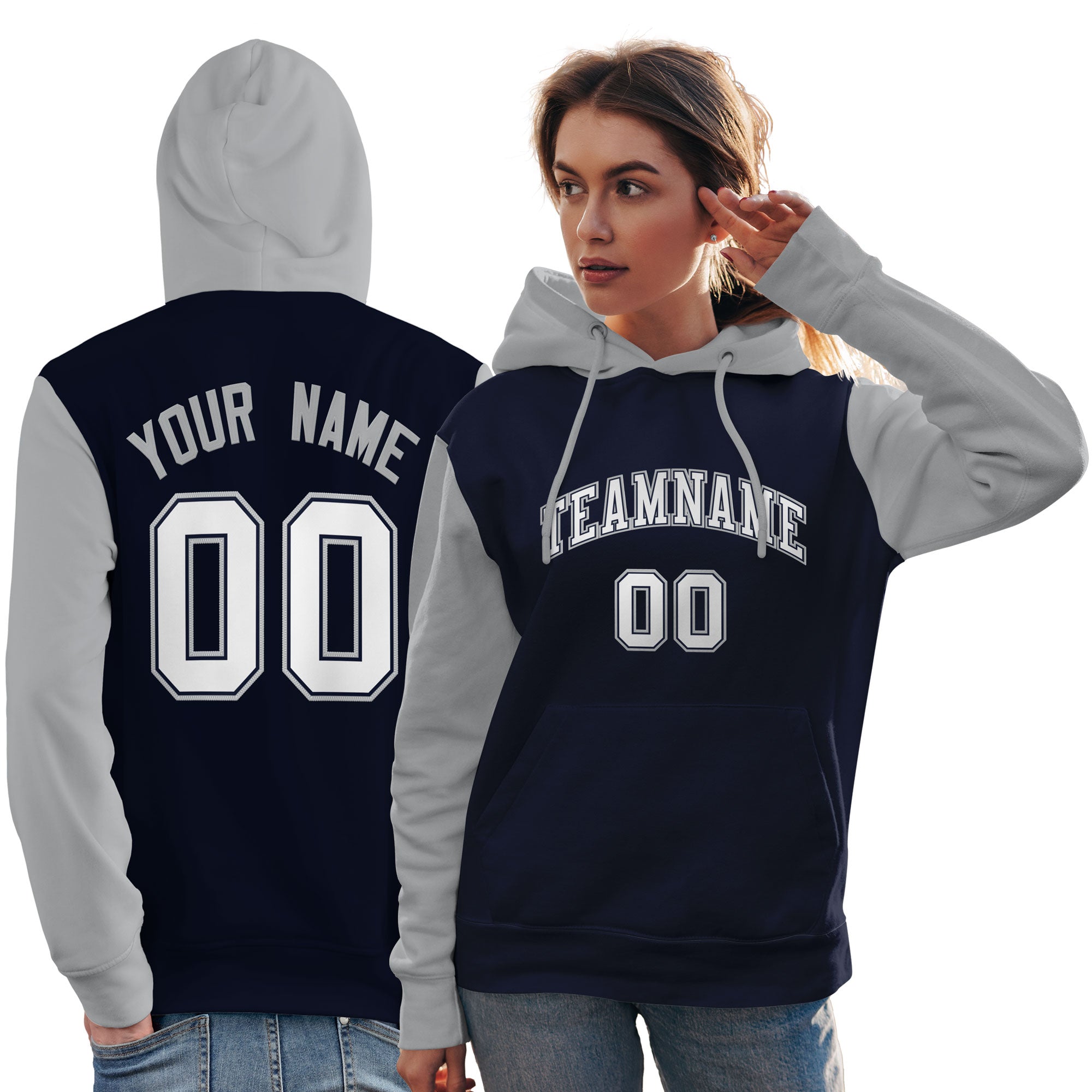 Custom Navy White-Gray Raglan Sleeves Pullover Personalized Team Sweatshirt Hoodie