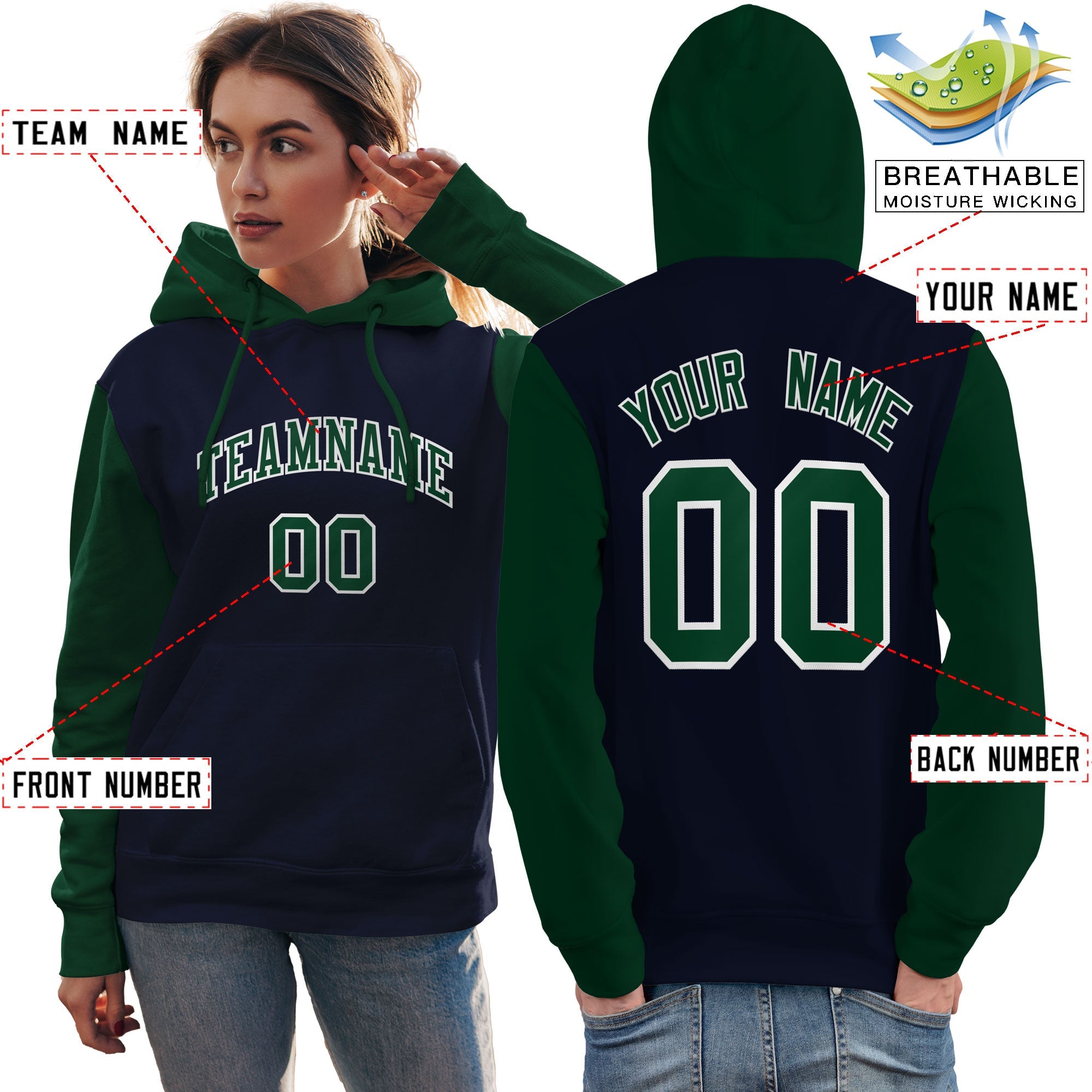 Custom Navy Green-White Raglan Sleeves Pullover Personalized Team Sweatshirt Hoodie