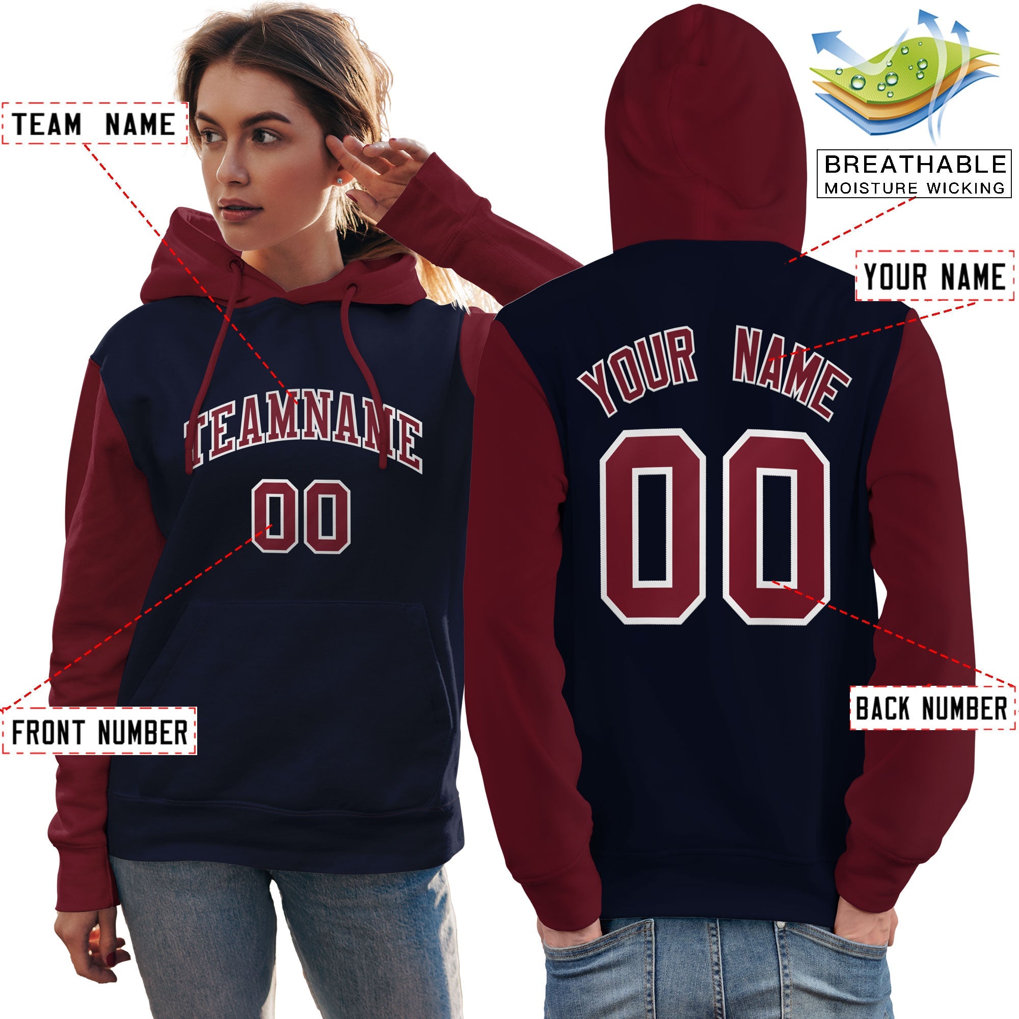 Custom Navy Crimson-White Raglan Sleeves Pullover Personalized Team Sweatshirt Hoodie