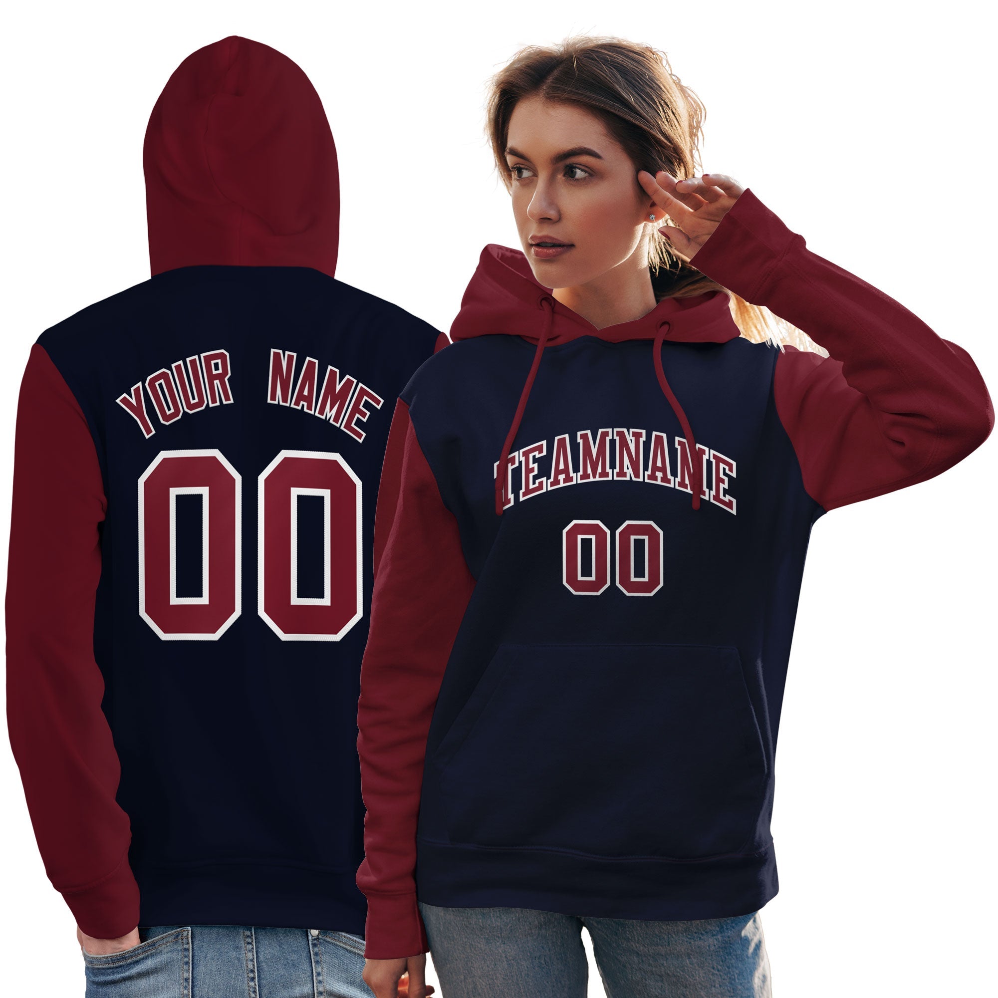 Custom Navy Crimson-White Raglan Sleeves Pullover Personalized Team Sweatshirt Hoodie