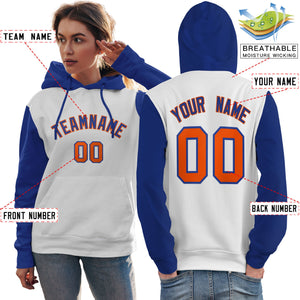 Custom White Royal-Orange Raglan Sleeves Pullover Personalized Team Sweatshirt Hoodie