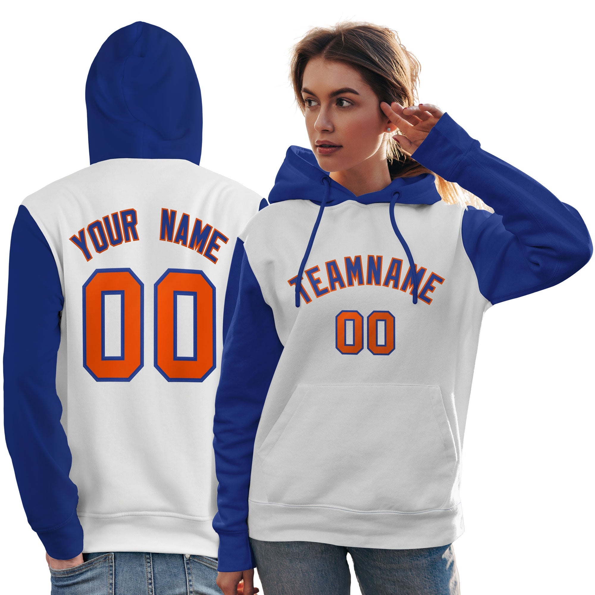 Custom White Royal-Orange Raglan Sleeves Pullover Personalized Team Sweatshirt Hoodie