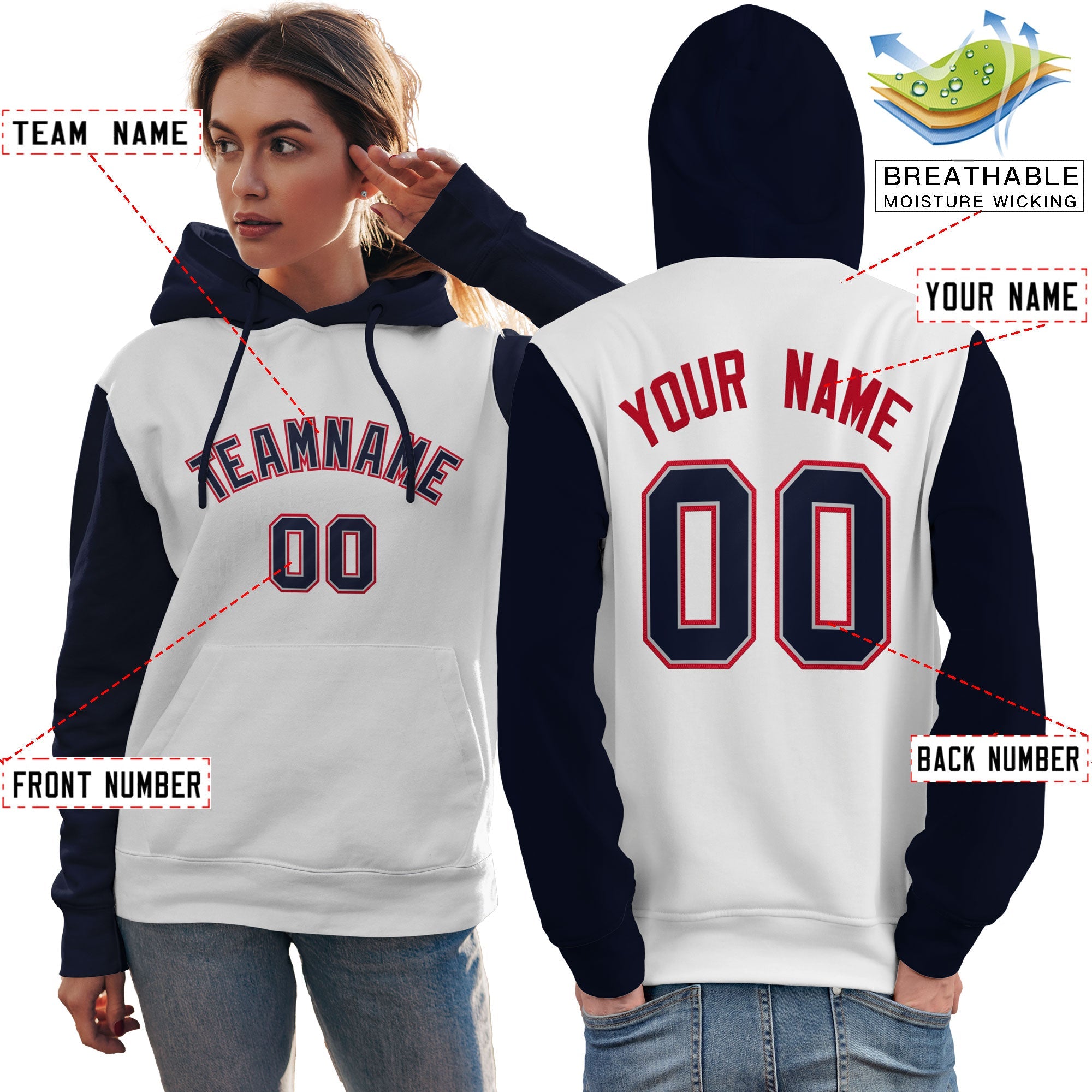 Custom White Navy-Red Raglan Sleeves Pullover Personalized Team Sweatshirt Hoodie